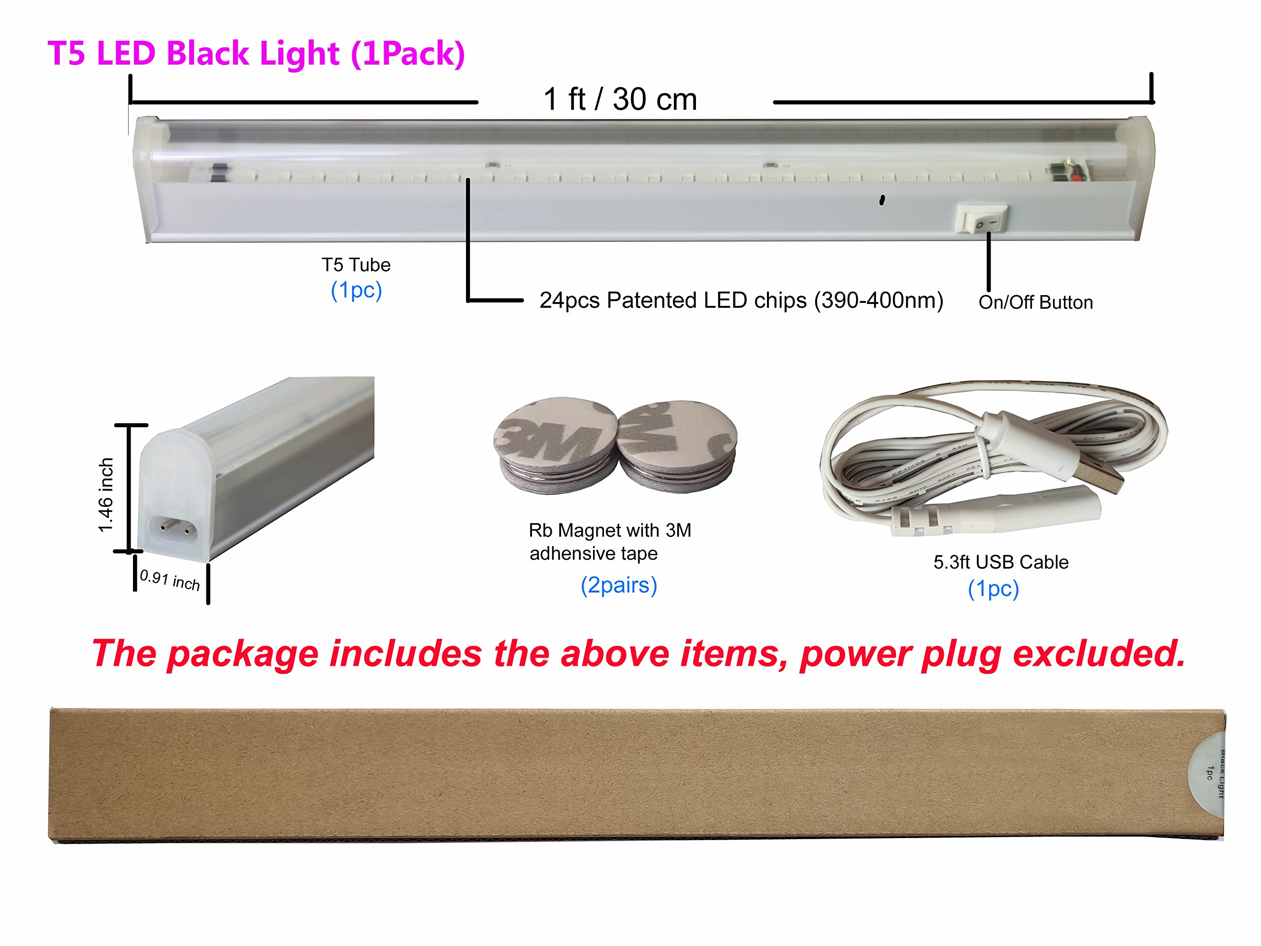 TITO 10W 1ft USB LED Black Light Bar with Magnetic Mount - 395nm UV Blacklight for Glow in The Dark Party, Bedroom Decor, Fluorescent Posters & Body Paint - Perfect for Neon Displays, Rave Parties & Home Theater Lighting