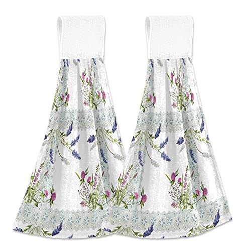 2-Pack Vintage Provence Floral Watercolor Checkered Kitchen Towels - Soft Coral Velvet Loop Hand Towels, Absorbent Dish Cloths for Bathroom, Kitchen & Decor    (Use Scenes: Perfect for drying dishes, hands, as decorative kitchen accents, or stylish bathroom washcloths)