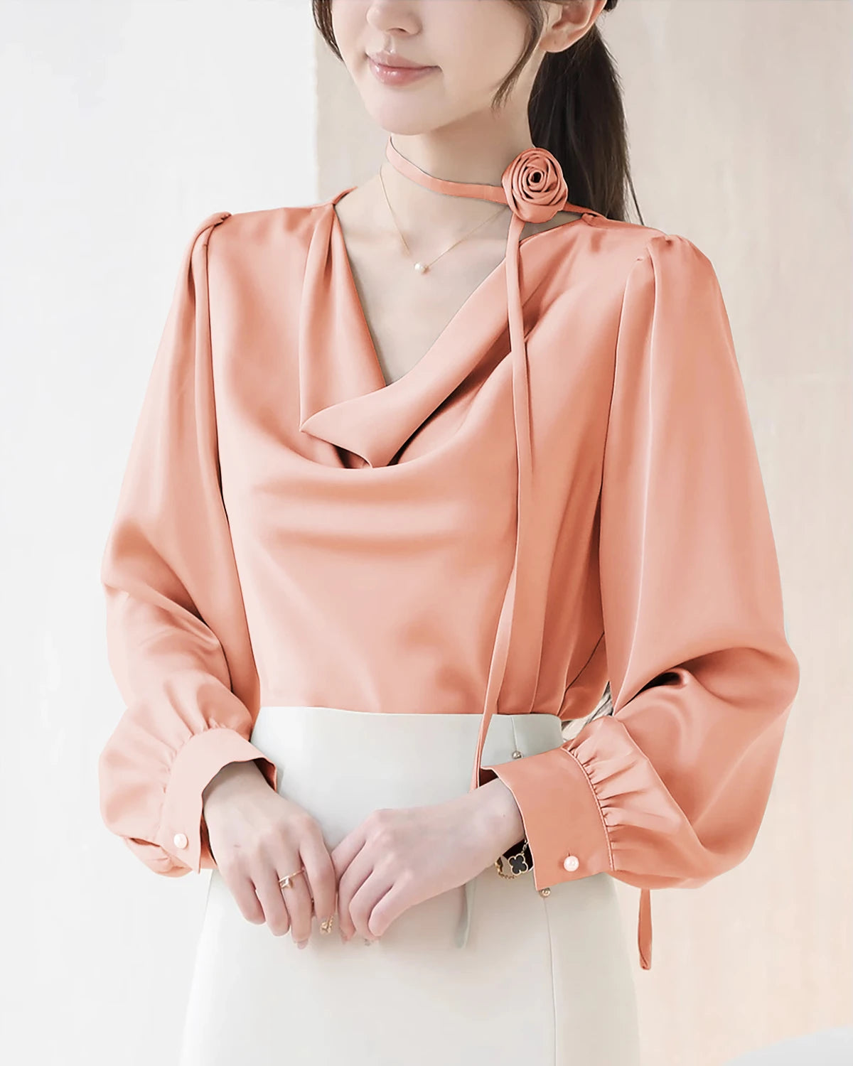 Elegant Draped Collar Silk Blouse for Women - Luxury Satin Shirt for Office, Party & Special Occasions