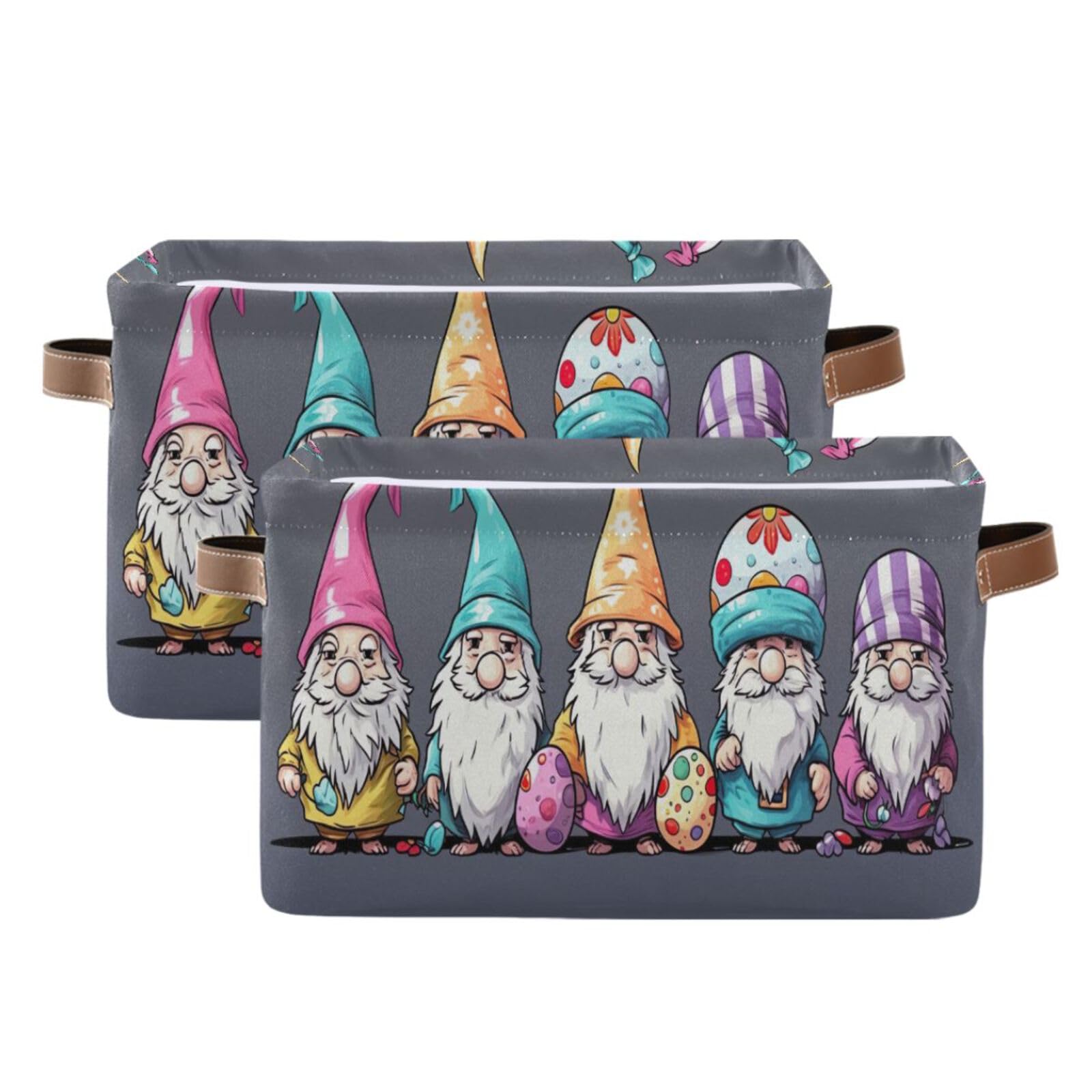 Qilmy Easter Gnome Storage Basket 2 Pack - Collapsible Canvas Rectangular Bin with Leather Handles for Closet, Office, Nursery & Home Organization | Perfect for Holiday Decor, Toy Storage & Seasonal Display