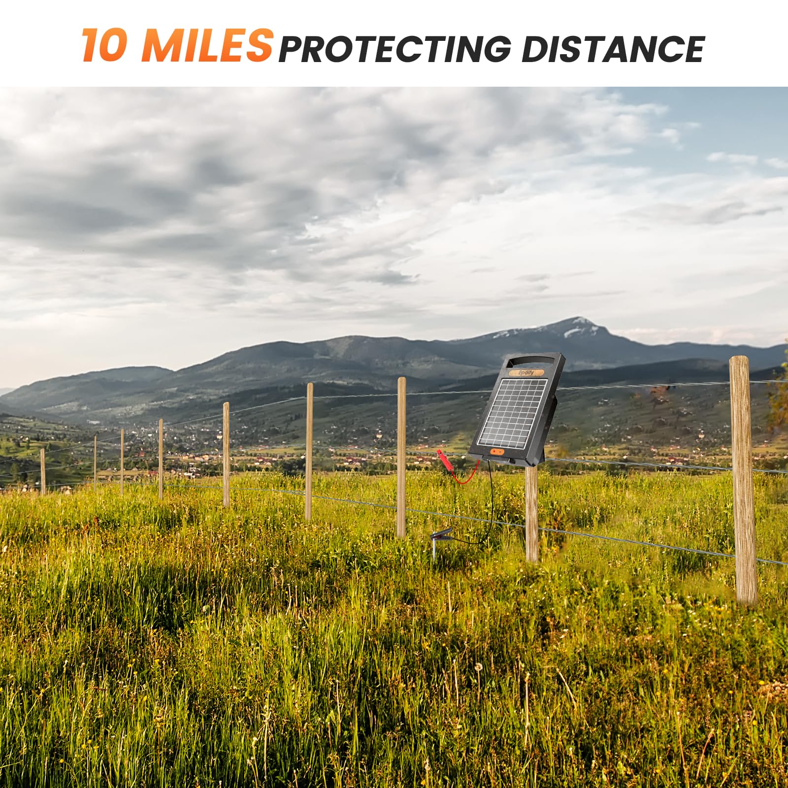 24 Hour Solar Electric Fence Charger - 10 Miles Range, 10200V Output with Solar Panel | Portable Livestock Fence Energizer (0.18J) for Cattle, Horses & Farm Animals | Weatherproof & Easy Installation