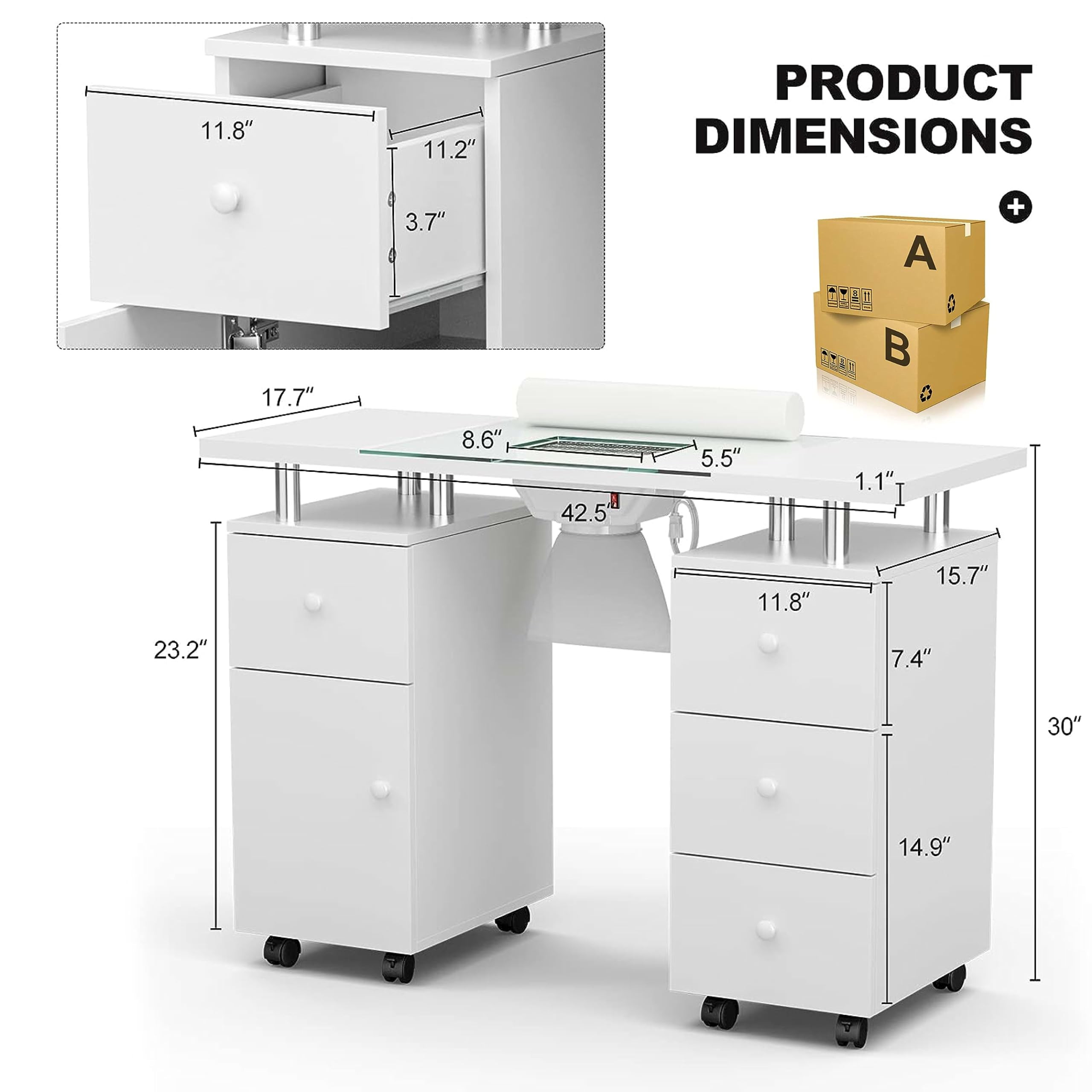 Professional Manicure Table with Glass Top - Electric Downdraft Ventilation, Wrist Cushion & Lockable Wheels - Nail Tech Station with Storage Drawers & Wooden Handles (White-Glass) - Perfect for Salon, Spa & Home Nail Art Studio