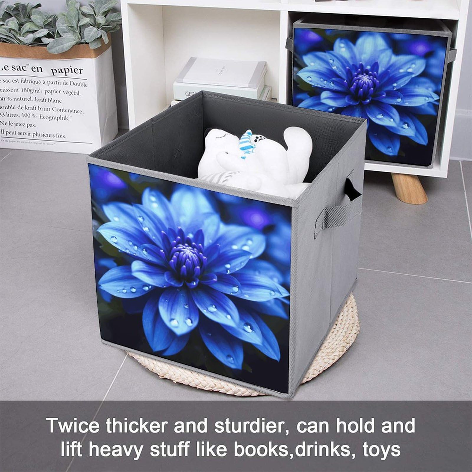 6-Piece Collapsible Storage Bins with Handles - Blue Floral Printed Foldable Organizing Baskets for Home, Closet, Shelves & Office | Space-Saving Storage Solutions for Toys, Books & Household Items