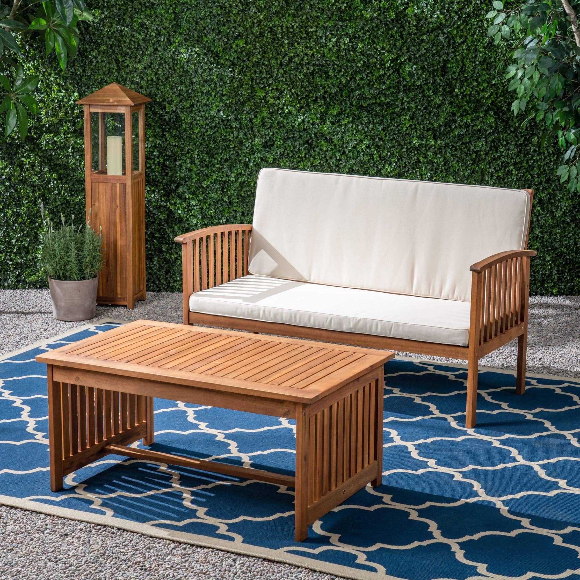 2-Piece Brown Patina Contemporary Wood Outdoor Patio Chat Set with Cream Cushions - Modern Garden Furniture for Backyard, Deck, or Poolside Relaxation