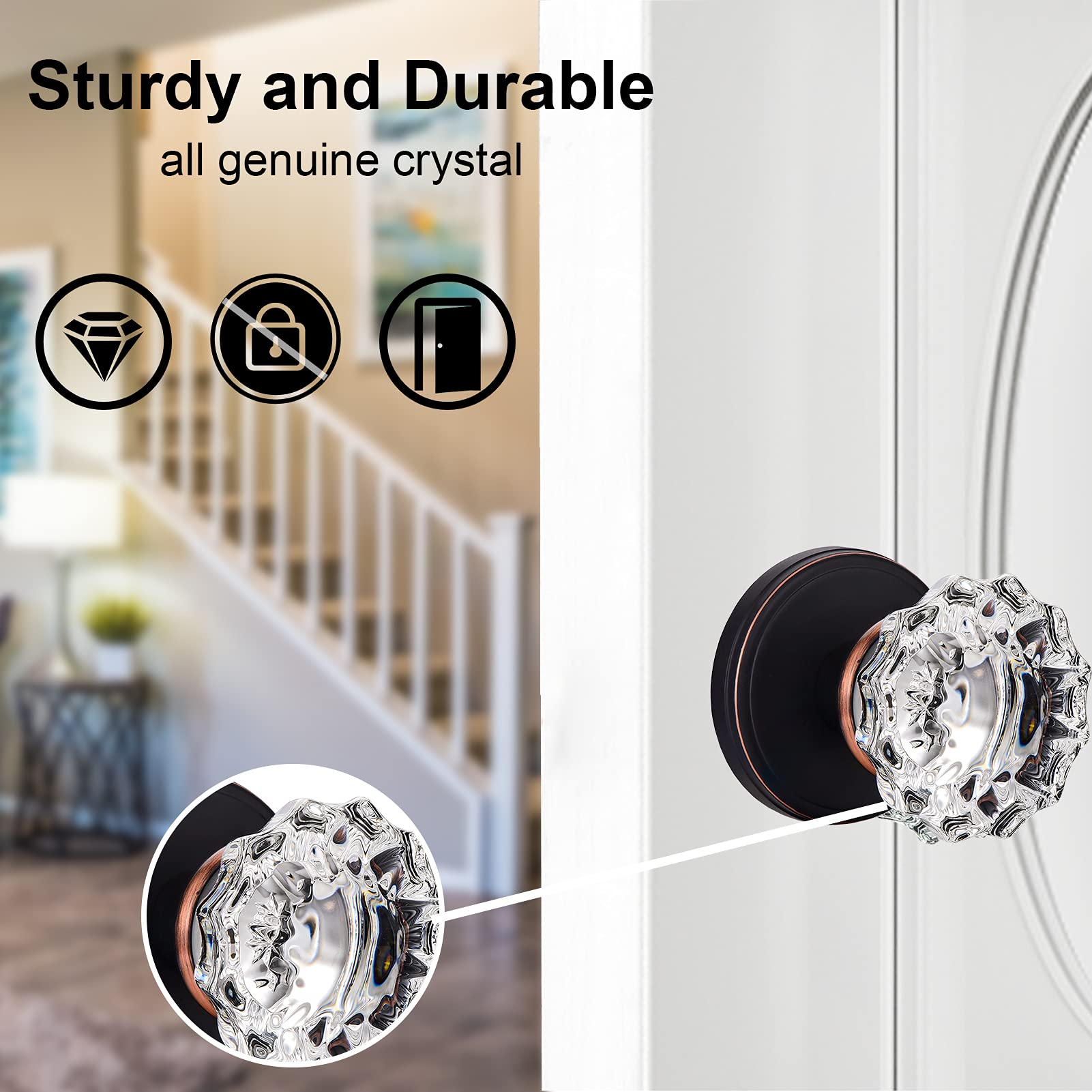 Crystal Glass Interior Door Knobs for Hall & Closet - Oil Rubbed Bronze Single Dummy Knob Set (2 Pack) - Perfect for Bedroom, Bathroom & Cabinet Doors