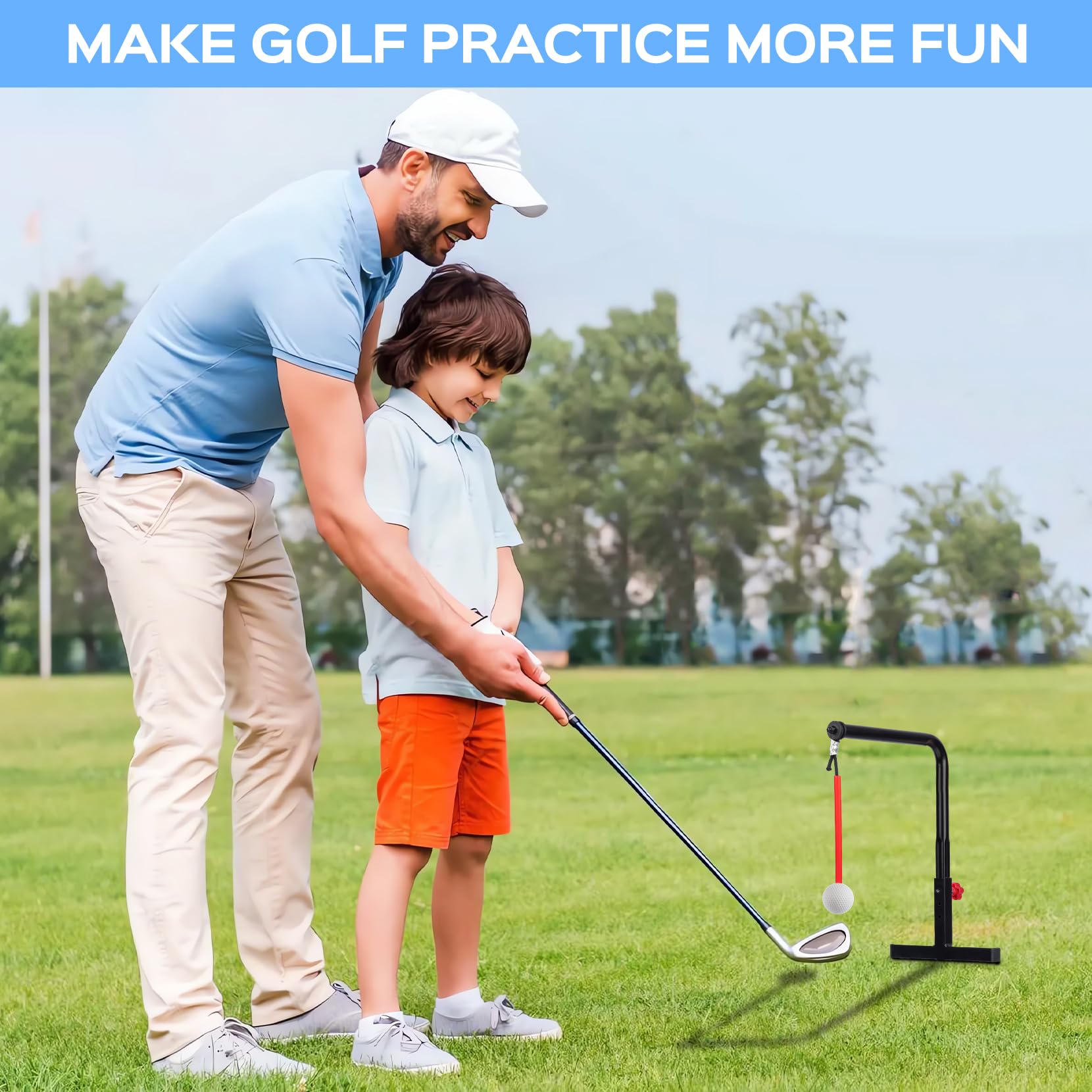 Golf Swing Trainer with 3 Height Adjustments - Golf Practice Equipment & Simulator Accessories - Swing Training Aid for Men & Women | Perfect for Indoor/Outdoor Driving Range Practice