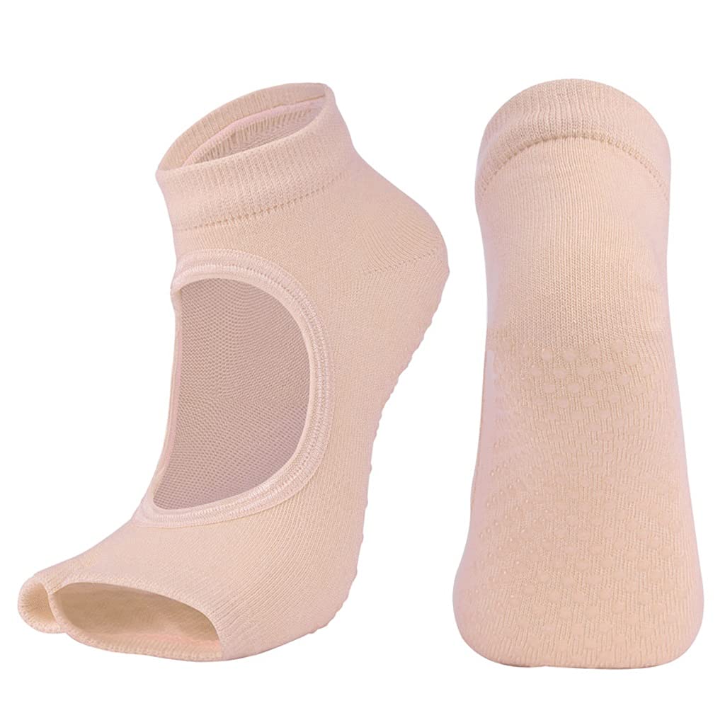 XXDZP Women's Yoga Socks with Toe Separator - Breathable Anti-Slip Cotton Pilates Socks for Ballet, Dance & Workouts - Quick Dry Non-Slip Grip Socks (Beige, US 4.5-8.5/EUR 35-40) - Perfect for Yoga, Barre, Home Exercise & Studio Sessions