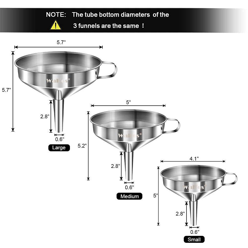 Premium Stainless Steel Kitchen Funnel Set - 3 Pack with 2 Removable Strainers & Cleaning Brush - Ideal for Liquids, Oils, Jam, Dry Ingredients & Powder Transfer - Perfect for Home Cooking, Baking, Canning & DIY Projects