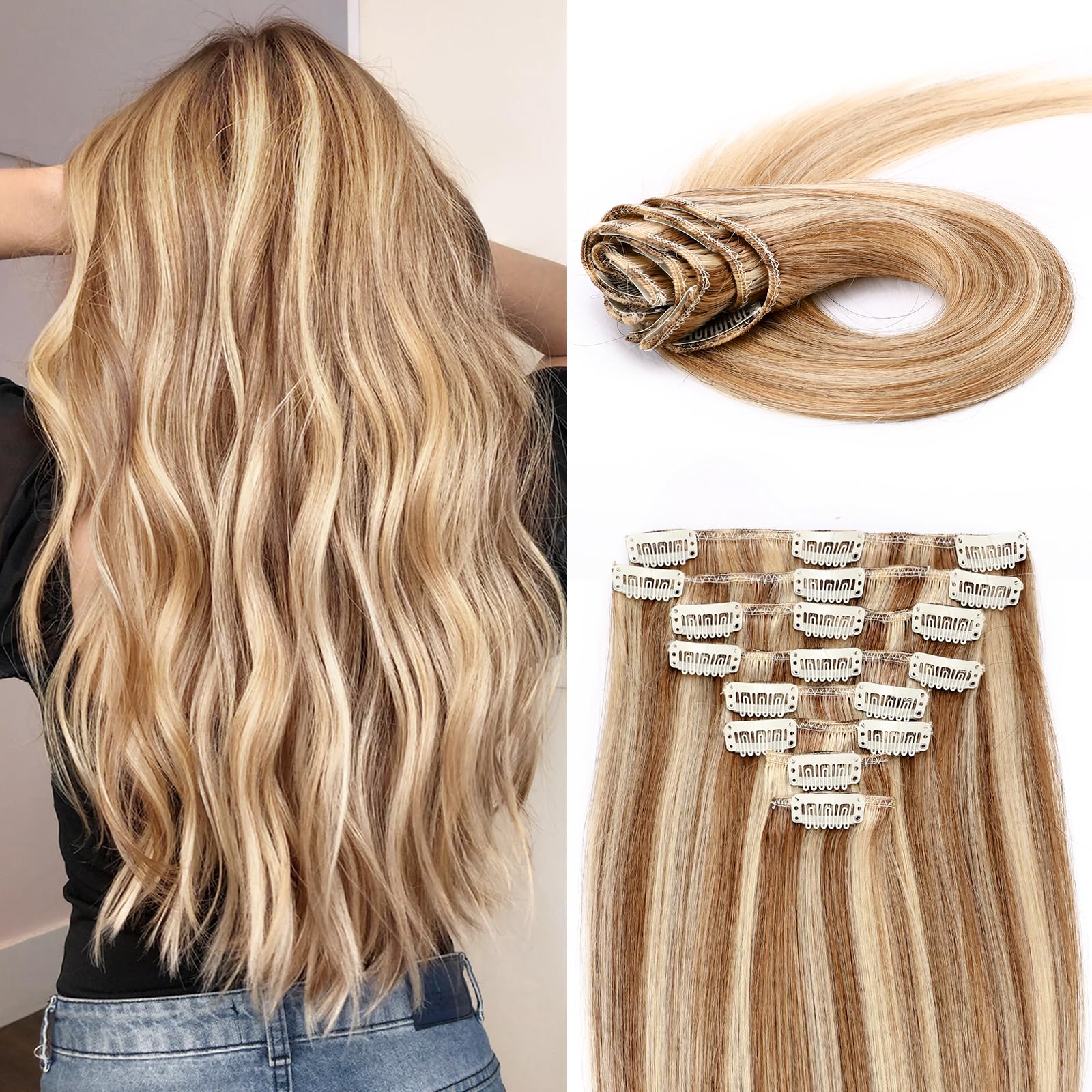 MY-LADY Clip In Hair Extensions 20 Inch Real Human Hair - 8pcs Remy Hair Extensions #12/613 Light Brown Bleach Blonde - 105g Silky Straight Hair Clip Ins for Women - Perfect for Daily Wear, Parties & Special Occasions