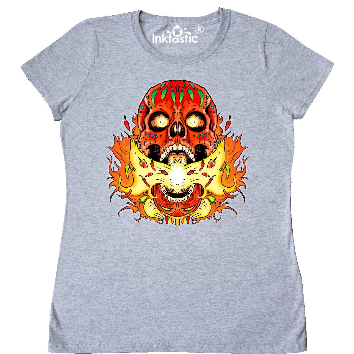 Inktastic Fire Breathing Pepper Skull Women's T-Shirt | Cool Graphic Tee for Women | Perfect for Halloween, Concerts & Casual Wear