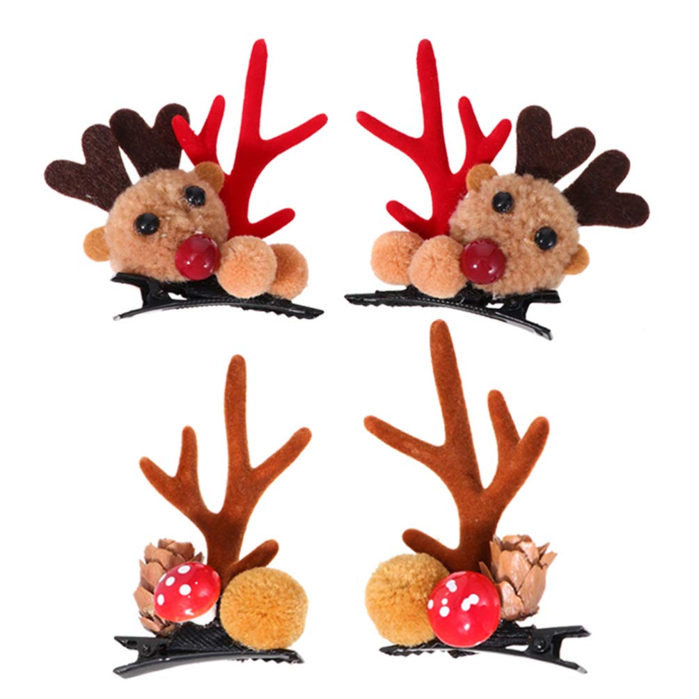2 Pairs Christmas Antlers Hair Clips with Pine Cone & Mushroom Plush Balls - Festive Holiday Hair Accessories for Women, Men & Kids - Perfect for Xmas Parties, Family Gatherings & Holiday Photos