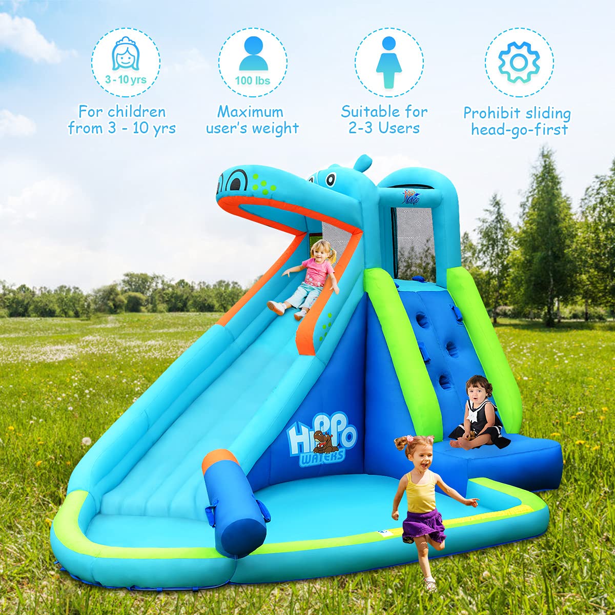OLAKIDS Inflatable Water Slide - Hippo Theme Bounce House with Slide, Splash Pool, Climbing Wall & Water Gun | Outdoor Water Play for Kids Birthday Parties, Summer Backyard Fun | Includes Hose, Carry Bag & Repair Kit