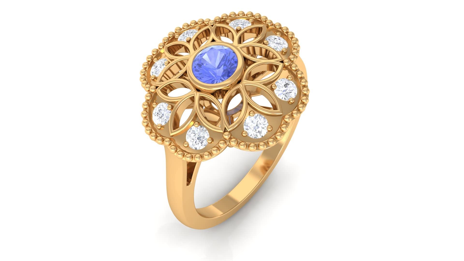 0.75 CT Tanzanite and Diamond Ring - 14K Solid Gold Floral Statement Ring for Women | Elegant Round Blue Tanzanite Jewelry for Weddings, Anniversaries & Special Occasions