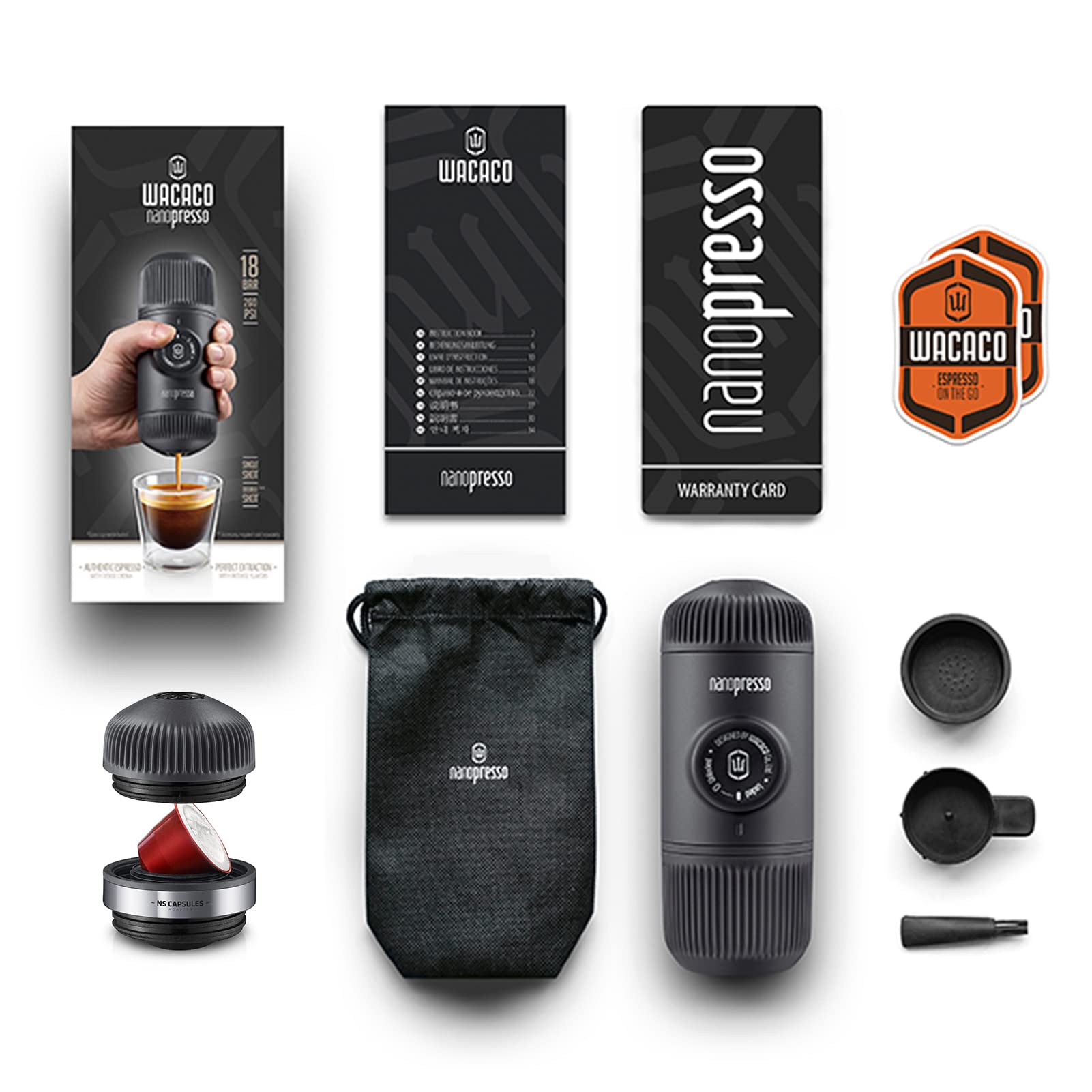 WACACO Nanopresso Portable Espresso Maker with NS Adapter - Hand Pump Travel Coffee Machine for Nespresso Capsules & Ground Coffee - Perfect for Camping, Hiking & Outdoor Adventures