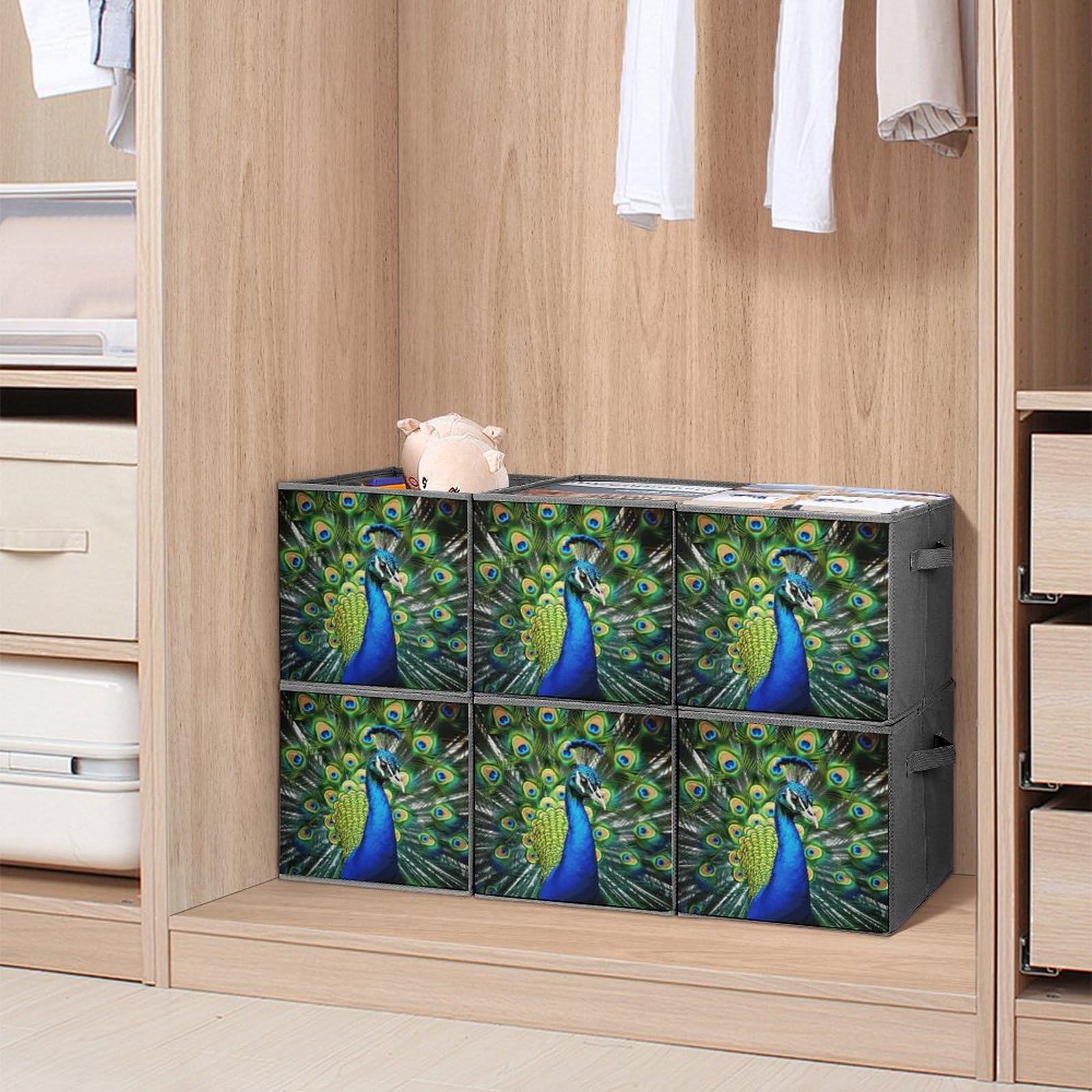 6-Piece Collapsible Storage Bins with Handles - Blue Peacock Printed Foldable Organizing Baskets for Shelves, Closet, Kitchen & Home Organization - Space Saving Storage Containers for Toys, Books & Household Items