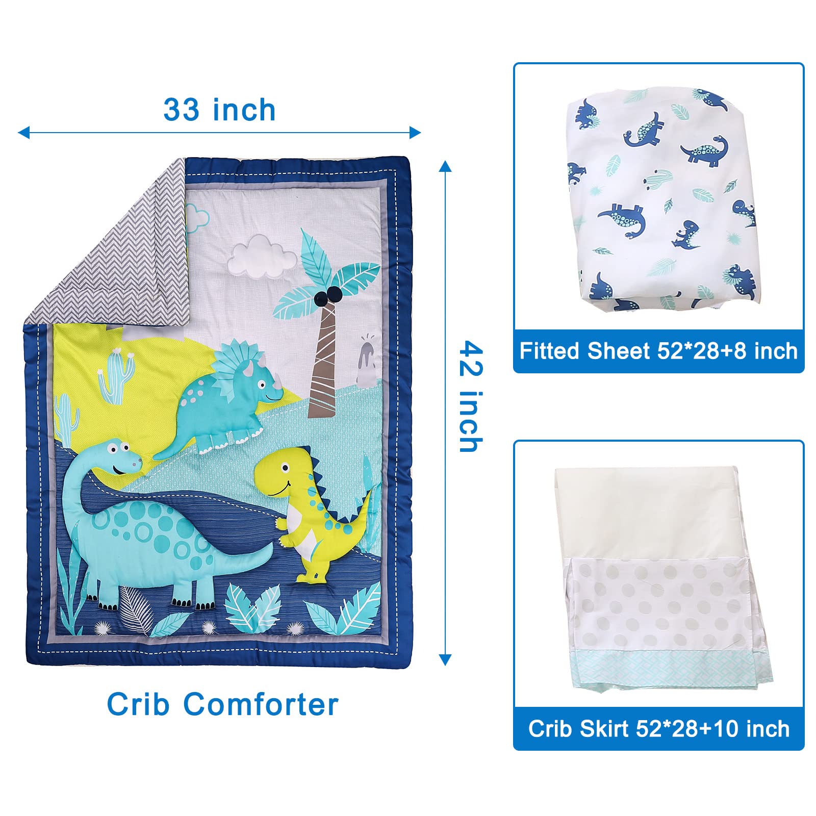 Premium 3-Piece Dinosaur Crib Bedding Set for Boys - Soft & Breathable Baby Nursery Set with Cute Dino Pattern | Perfect for Newborns, Toddlers & Nursery Decor