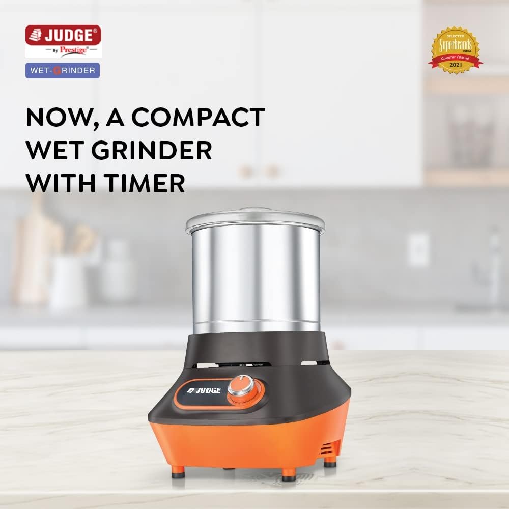 Prestige Vertical Wet Grinder with Stainless Steel Drum - 200W, 110V - Includes Coconut Scraper & Atta Kneader Attachments (Orange & Brown) - Perfect for Indian Cooking, Grinding Dosa Batter & Making Fresh Coconut Chutney