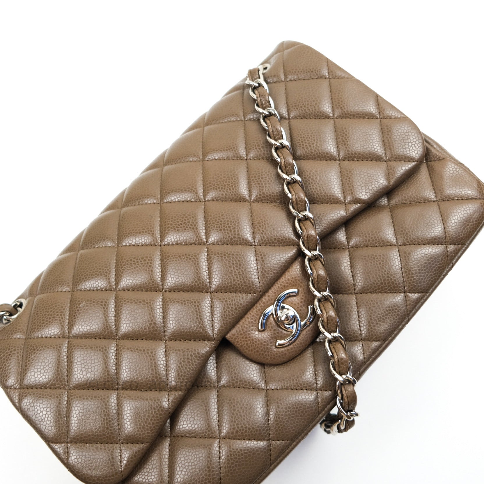 Chanel Classic Double Flap Quilted Jumbo Bag in Khaki Caviar Leather with Silver Hardware - Luxury Designer Handbag for Women, Perfect for Work, Evening Events & Everyday Use