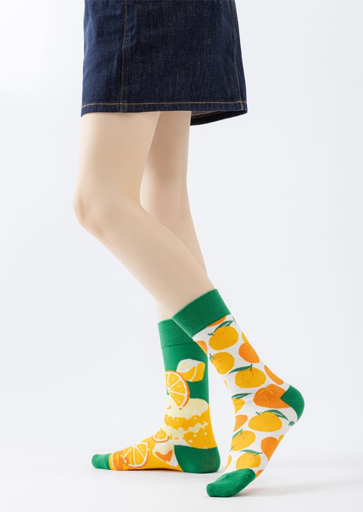 2 Pairs Cute Cartoon Plant & Food Print Cotton Crew Socks for Women & Teens - Soft Comfortable Socks for Casual Wear, Gifts & Everyday Outfits