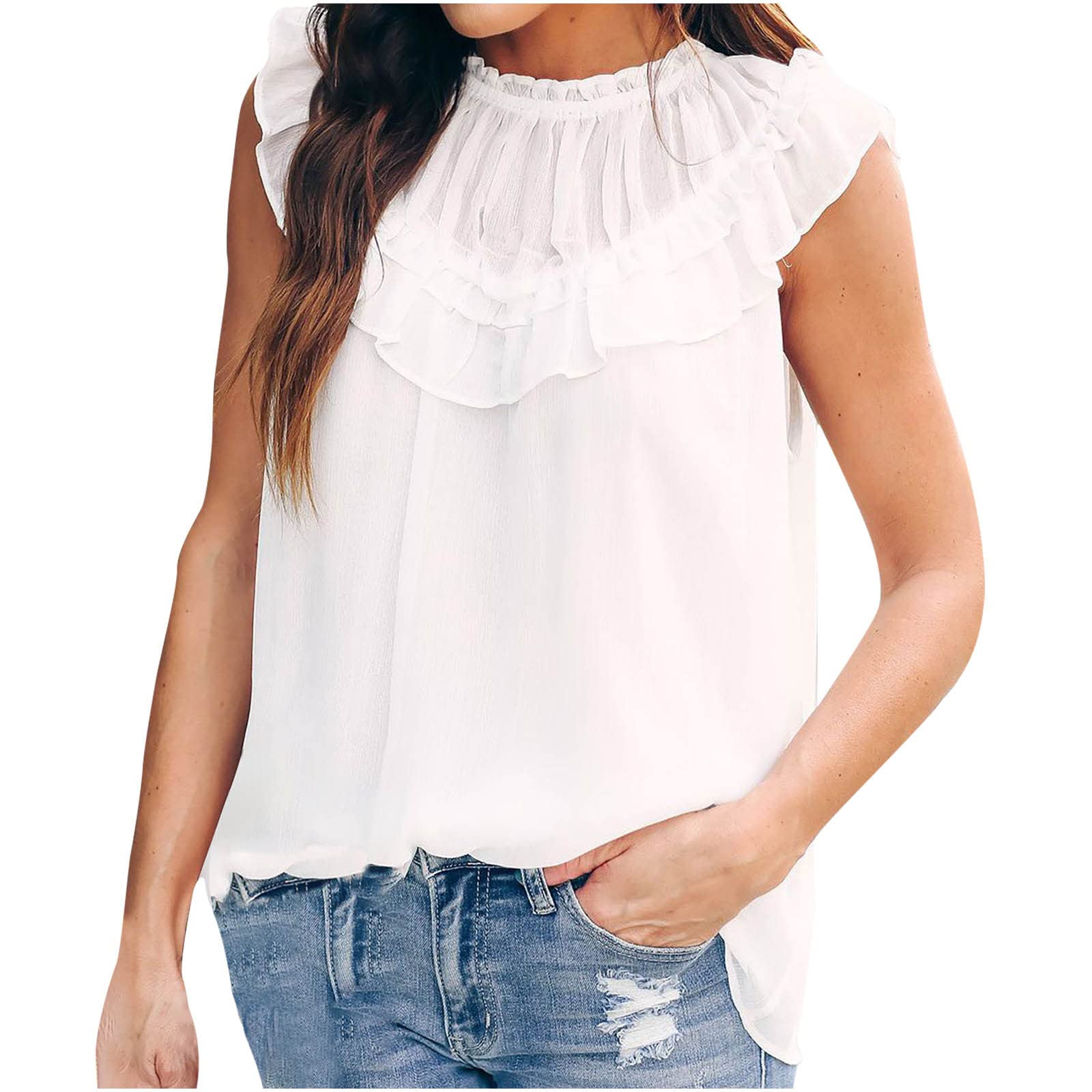 Women's Business Casual Sleeveless Chiffon Blouse - Solid Color Mock Neck Ruffle Top for Summer | Office Wear, Work Attire, Professional Outfits & Casual Dressing