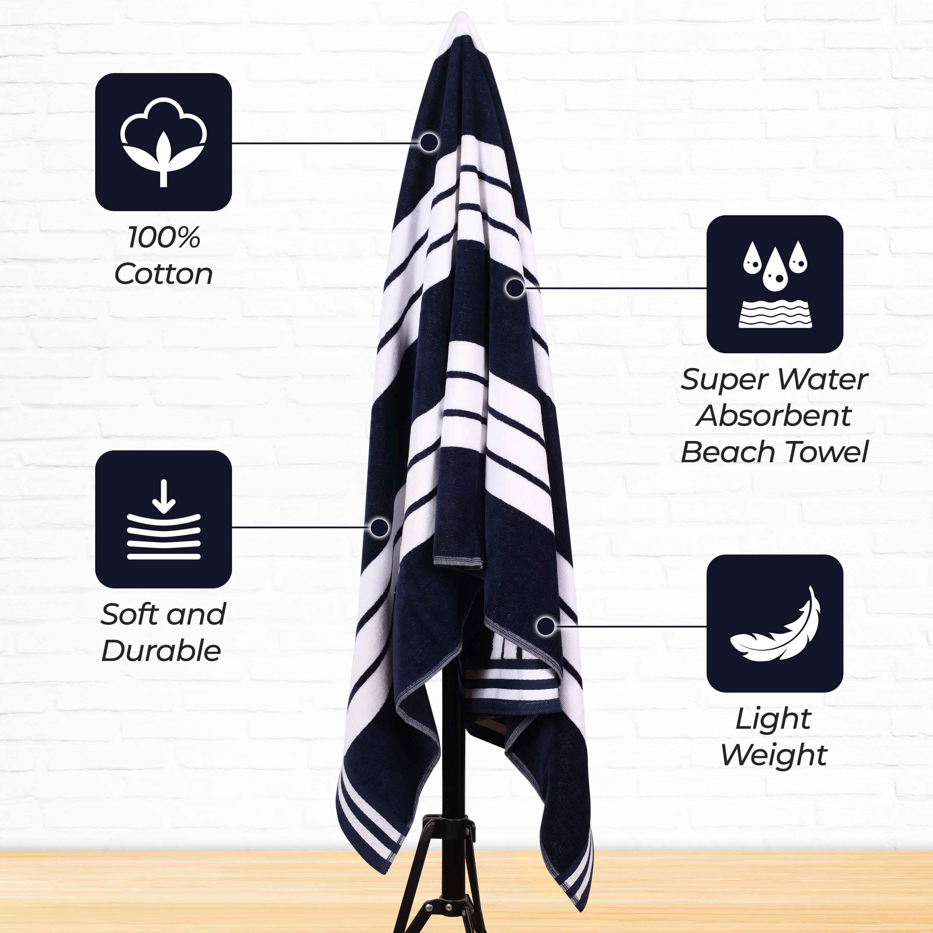 Premium Oversized Cabana Striped Cotton Beach Towel Set - 2, 4, or 6 Pack - Soft Quick-Dry Bath Towels for Pool, Beach, Vacation & Spa Days