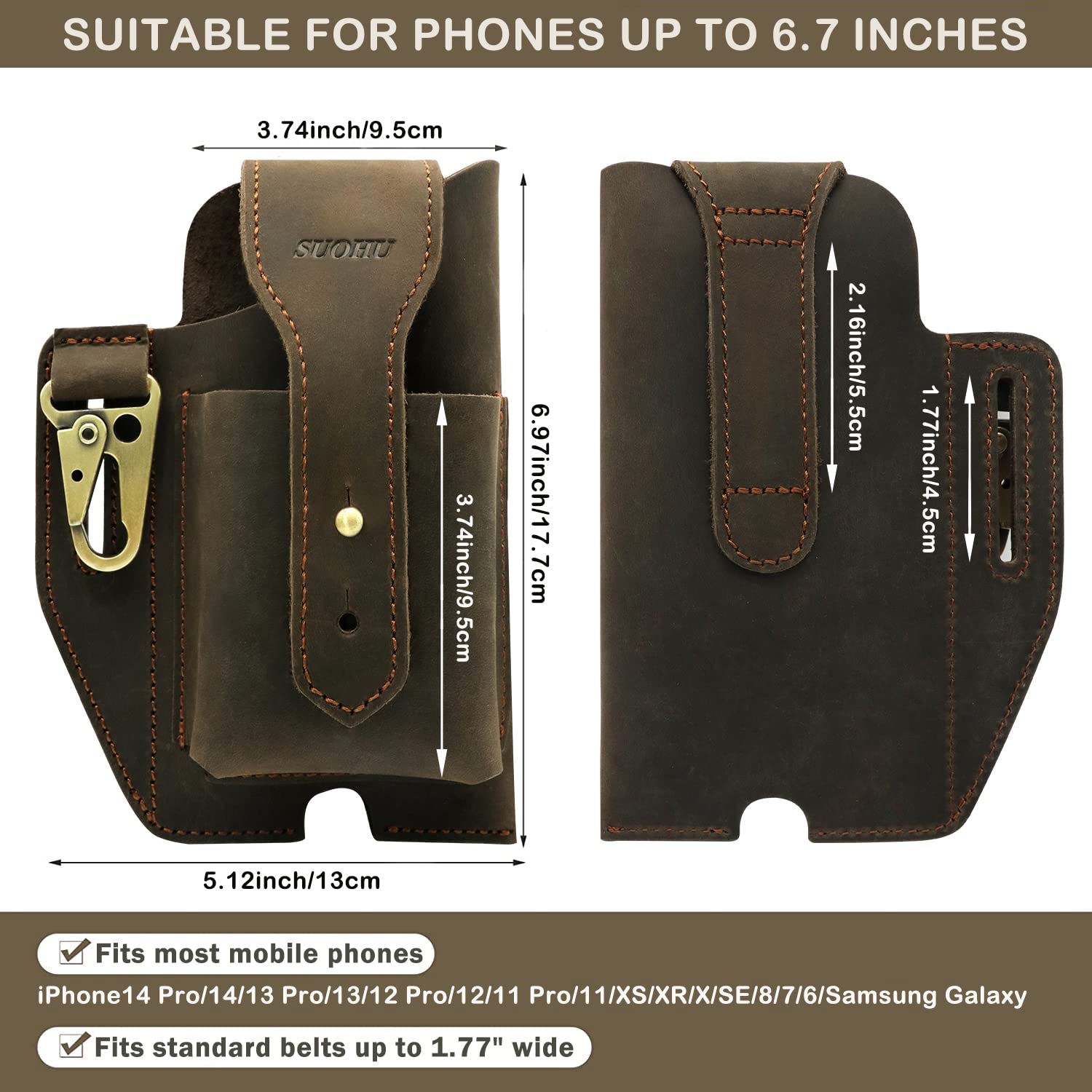 Premium Leather Phone Holster with Belt Clip - Universal Leather Cell Phone Pouch for iPhone & Smartphones - Tactical Belt Phone Case for Men & Women - Dark Brown - Perfect for Outdoor, Work & Daily Use