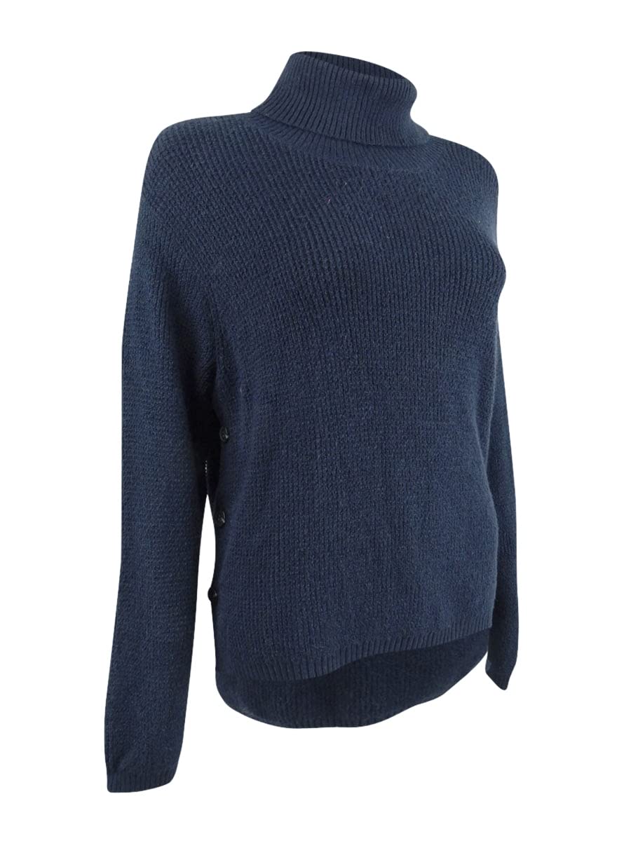 STATE Women's Waffle-Knit Button-Detail Turtleneck Sweater - Soft Winter Pullover, Cozy Casual Long Sleeve Top, Black Size M - Perfect for Office Wear, Date Nights & Holiday Outfits