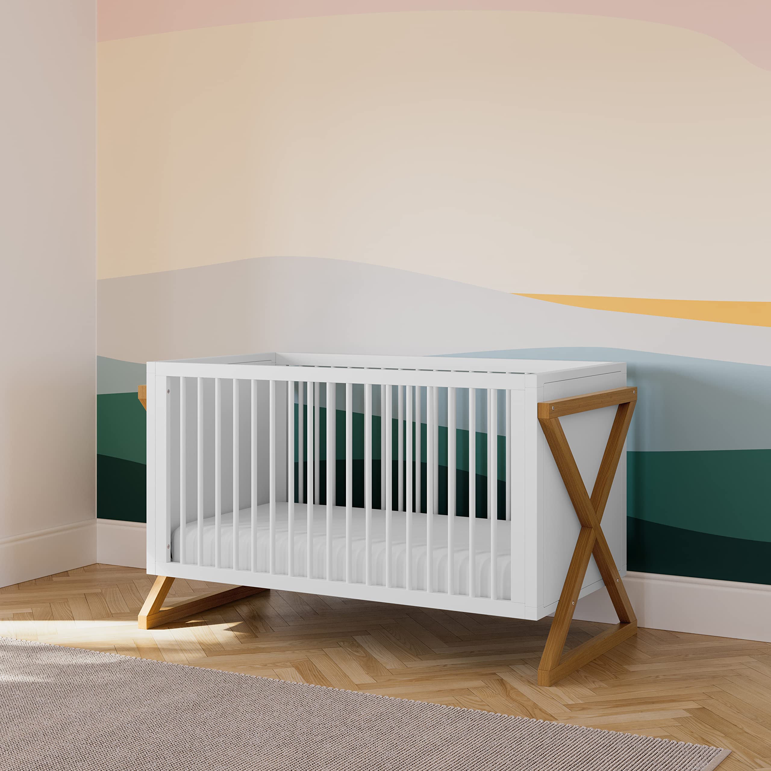Storkcraft Equinox 3-in-1 Convertible Crib in Vintage Driftwood - Converts to Toddler Bed & Daybed with 3-Position Adjustable Mattress Base | Modern Two-Tone Nursery Furniture for Baby & Kids Bedroom | Safe & Stylish Infant Sleeping Solution