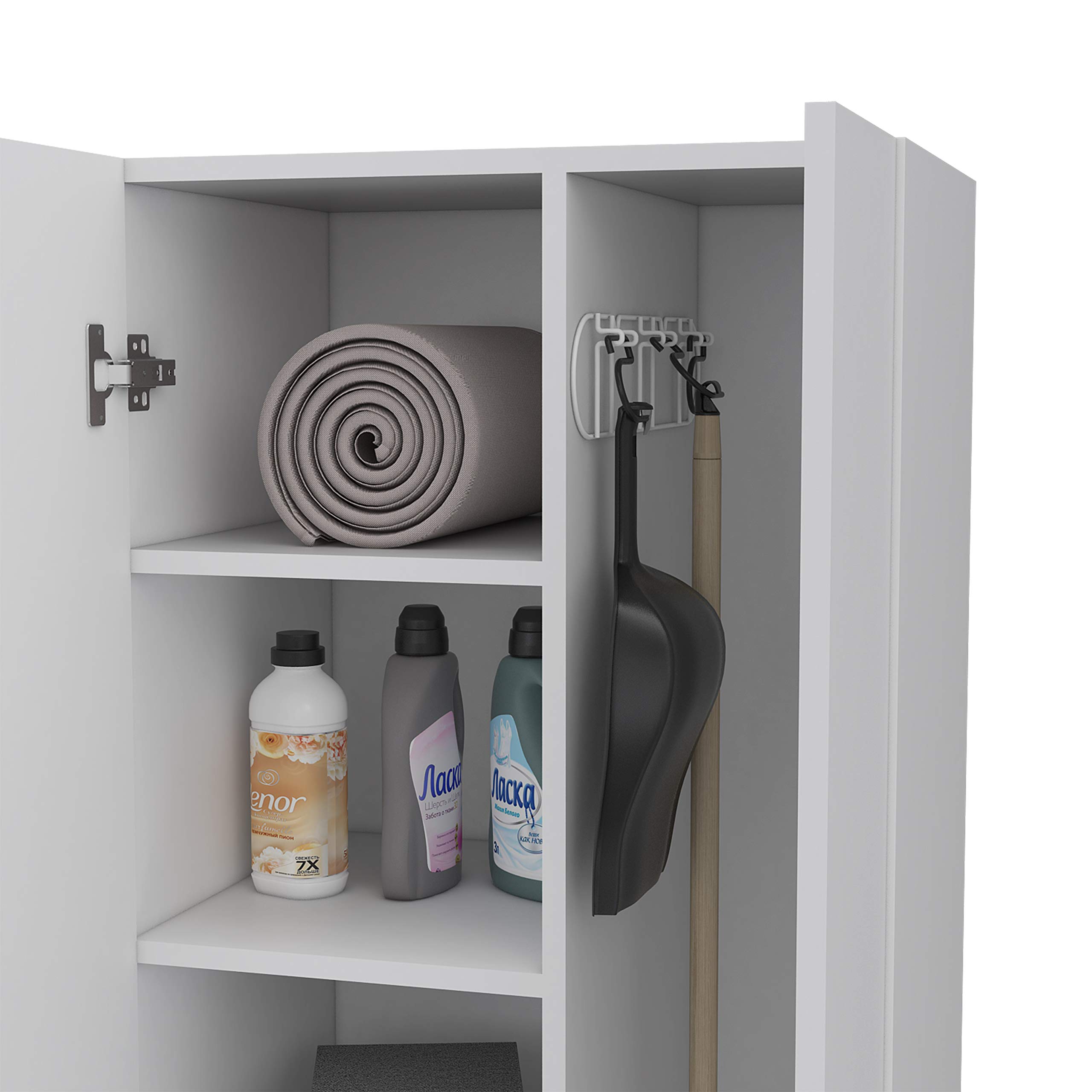 TUHOME Nala White Double Door Cleaning Cabinet with 5 Shelves & 4 Legs - Perfect for Bathroom, Kitchen, Laundry Room & Garage Storage Organization