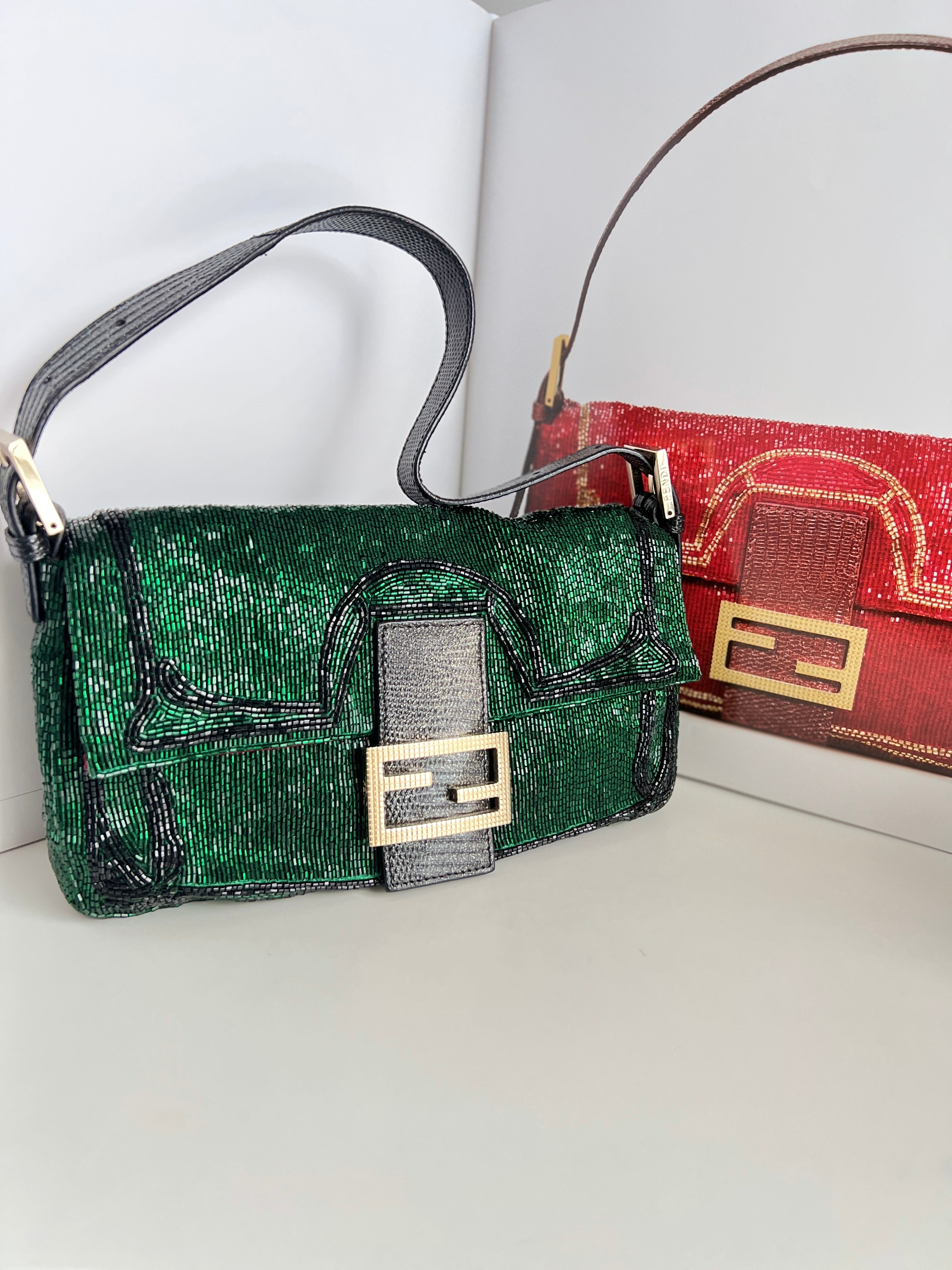 Fendi Green Beaded Baguette Bag - Luxury Designer Crossbody Purse for Women | Perfect for Evening Parties, Weddings & Special Occasions