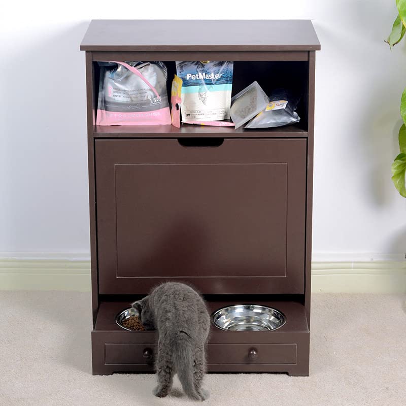 Premium Dog Food Storage Cabinet with 2 Stainless Steel Bowls - Pet Feeding Station & Toy Organizer for Dogs and Cats - Space-Saving Brown Furniture for Kitchen or Laundry Room