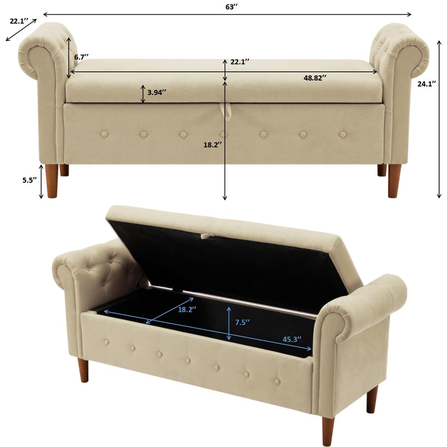 Aoowow Storage Bench with Rolled Arms - Linen Fabric Ottoman for Bedroom, End of Bed, Window Seat, or Fireplace - Beige Toy Storage Bench for Living Room, Nursery, or Entryway