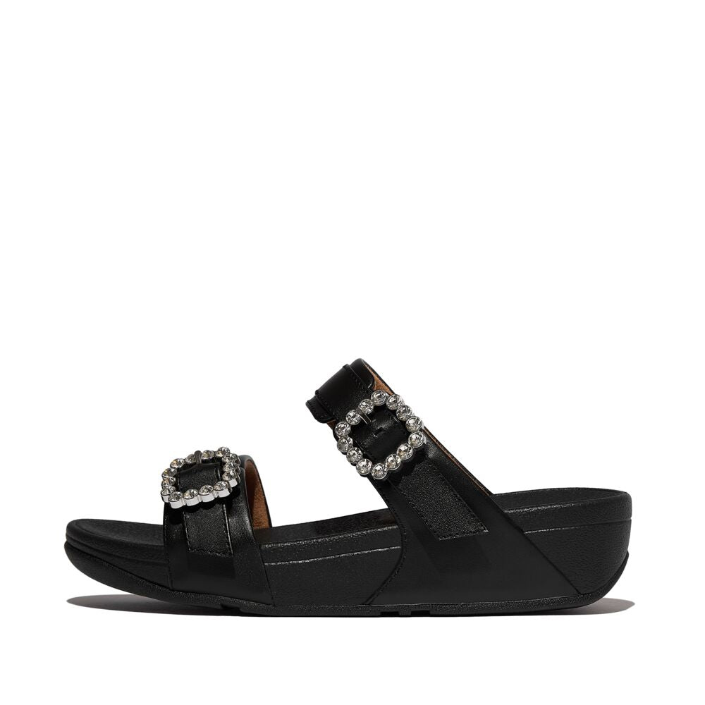 FitFlop Lulu Crystal Buckle Leather Slide Sandals for Women - All Black Comfortable Summer Shoes for Beach, Pool & Casual Wear