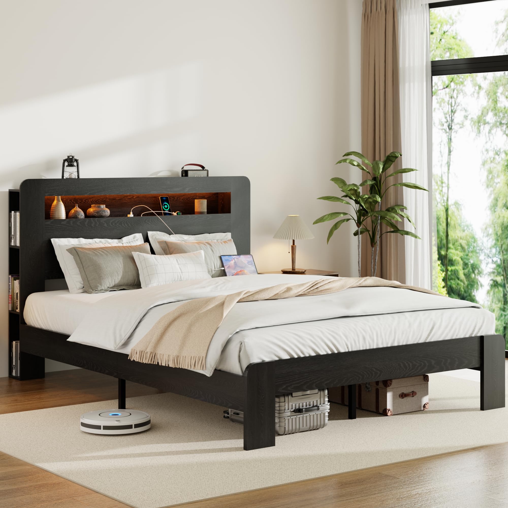 **Full Size Wooden Bed Frame with Headboard - LED Lights, USB Charging Ports, Storage & Bookcase - Sturdy & Stable Platform Bed for Bedroom, Guest Room, or Dorm (Black, Full Size)**