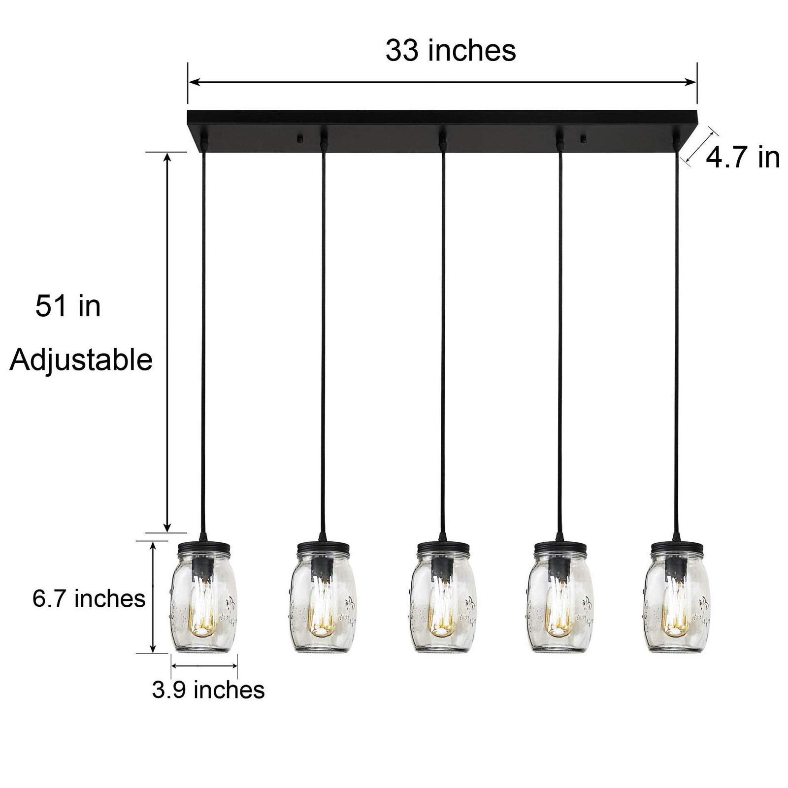 LOYALHEARTDY 5-Light Glass Mason Jar Ceiling Light Fixture - Flush Mount Kitchen Island Pendant Lighting for Kitchen, Living Room, Dining Room, Hallway, Office, Foyer, Bar - E27 Base - Rustic Farmhouse Decor for Home & Commercial Spaces