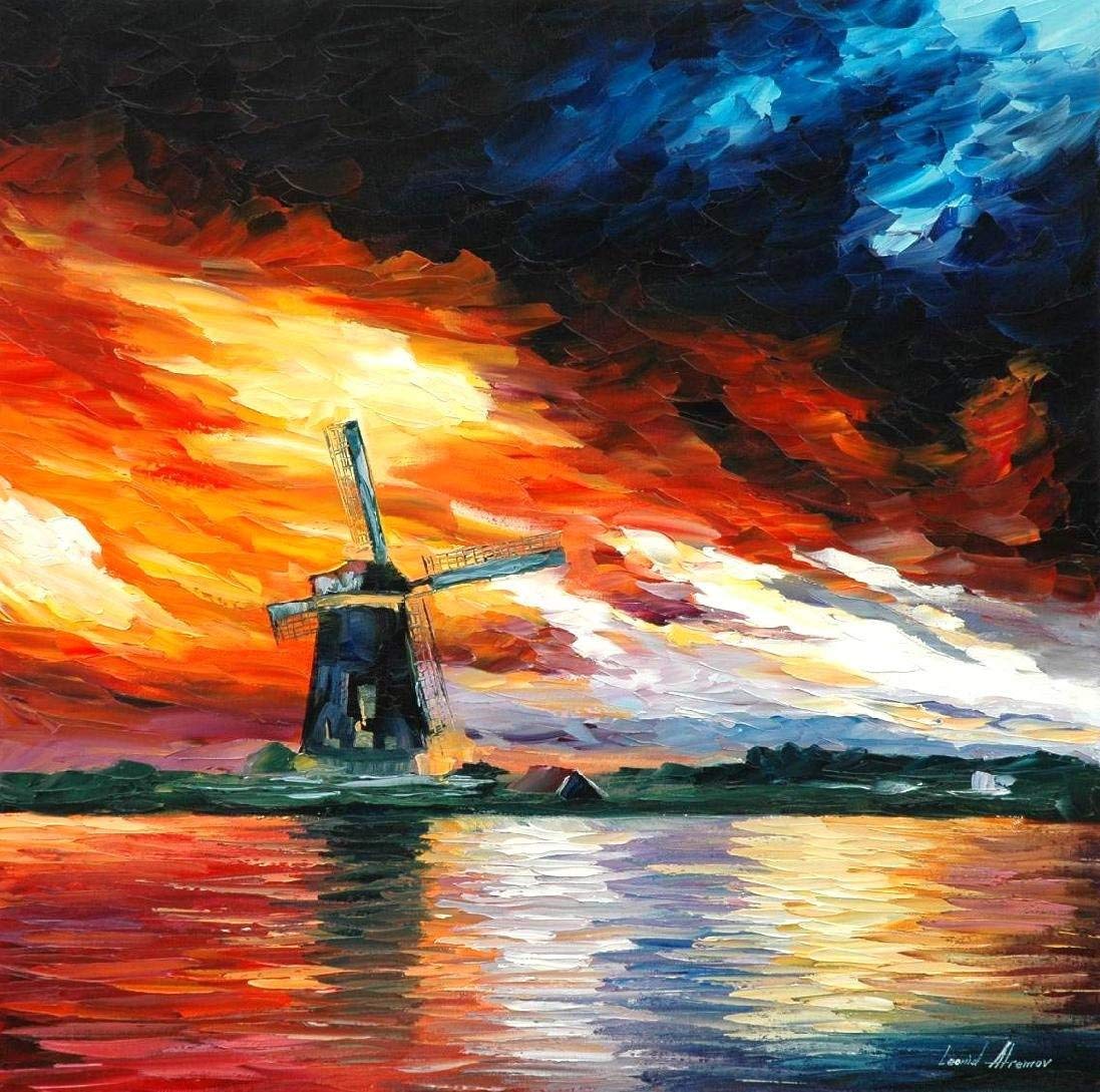 Dutch Windmill Oil Painting - Handmade Canvas Wall Art for Living Room, Bedroom & Office Decor | Windmill Landscape Artwork | Holland Windmill Home Decor Gift