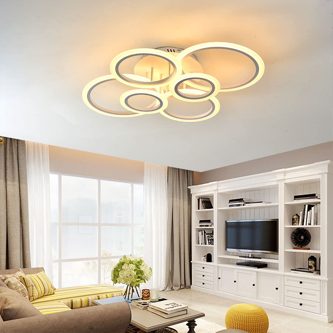 Modern 6-Ring LED Ceiling Light Fixture with Remote Control - Dimmable Flush Mount Lighting for Living Room, Bedroom, Kitchen & Dining Room - Energy Saving Home Decor & Ambient Lighting Solution