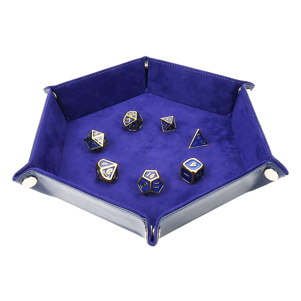 Metal Dice Rolling Tray with PU Leather - Double Sided RPG Dice Holder for DND Table Games | Oxford Blue Storage Box for Dungeons & Dragons, Board Games & Role Playing