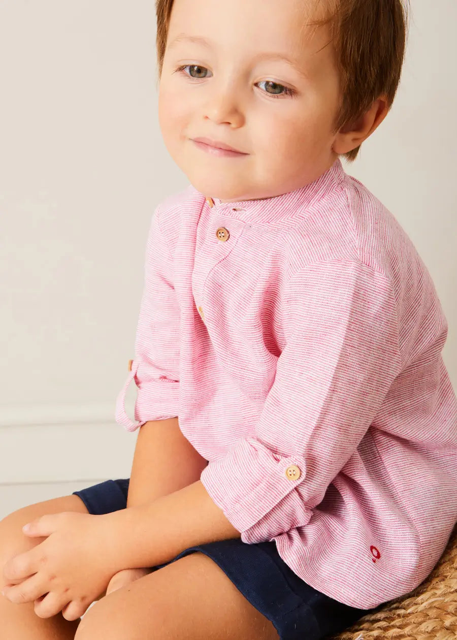 Lawrence Striped Mao Collar Long Sleeve Shirt - Red Cotton Kids Button Down Shirt for Boys & Girls (18 Months to 10 Years) | School Uniform, Family Photos & Holiday Outfits