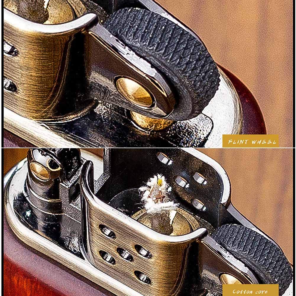 Vintage Windproof Brass Lighter - Antique Kerosene Flip Lighter with Wooden Case for Smoking & Outdoor Use