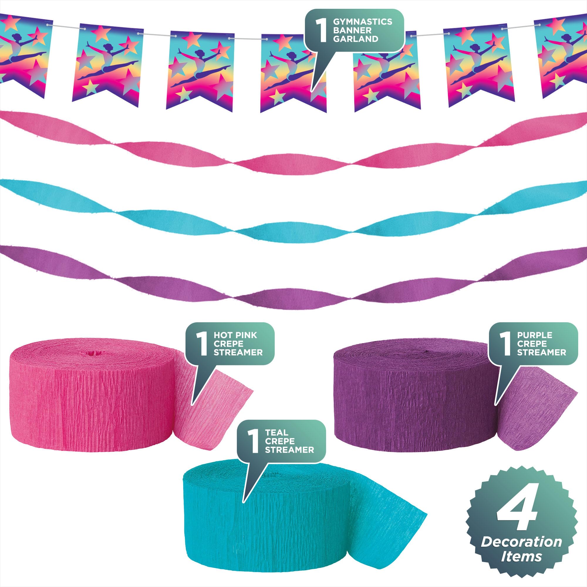 Gymnastics Party Decorations Pack - Pink, Purple & Teal Crepe Streamers with Gymnast Star Cutouts | Perfect for Birthday, Team Celebrations & Gymnastics Themed Events