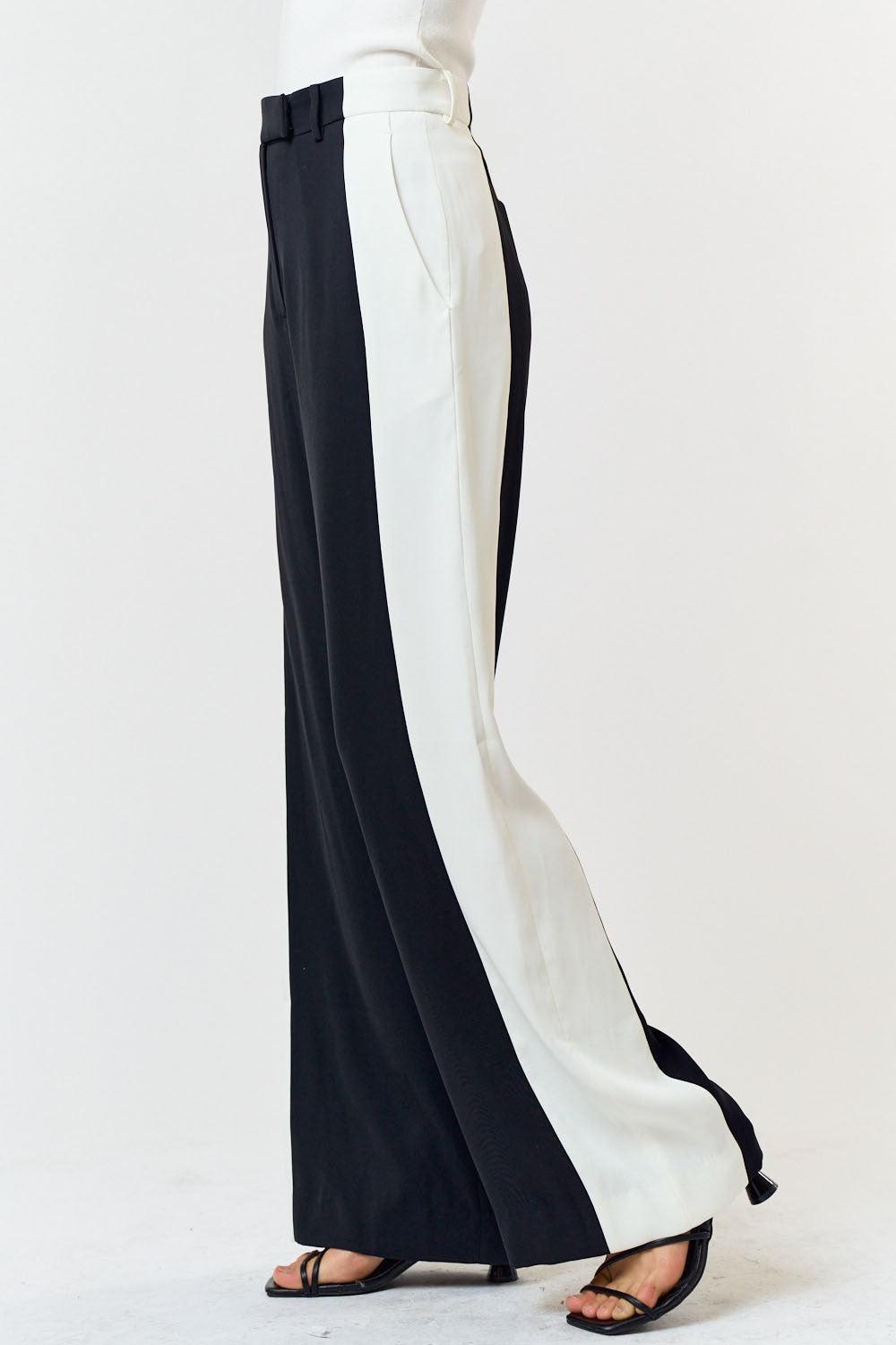 Crispin Black Off White Wide Leg Pants for Women - High Waisted Linen Palazzo Pants - Summer Casual Boho Beach Pants for Vacation & Outdoor Activities