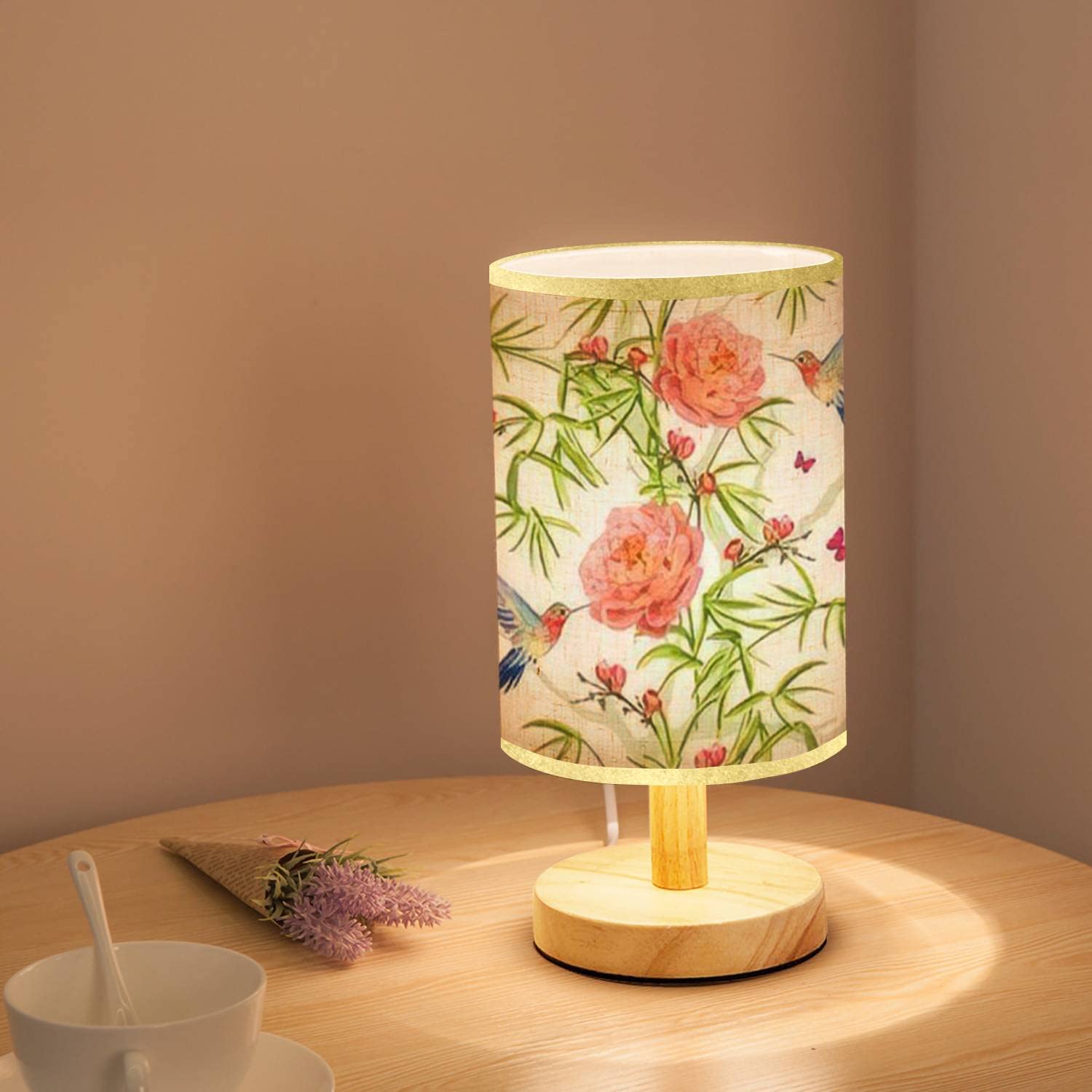 Minimalist Wooden Bedside Table Lamp with Bamboo Base & Flaxen Fabric Shade - Hand-Painted Tropical Floral Design for Bedroom, Living Room, Office | Nightstand Lighting for Reading & Relaxation