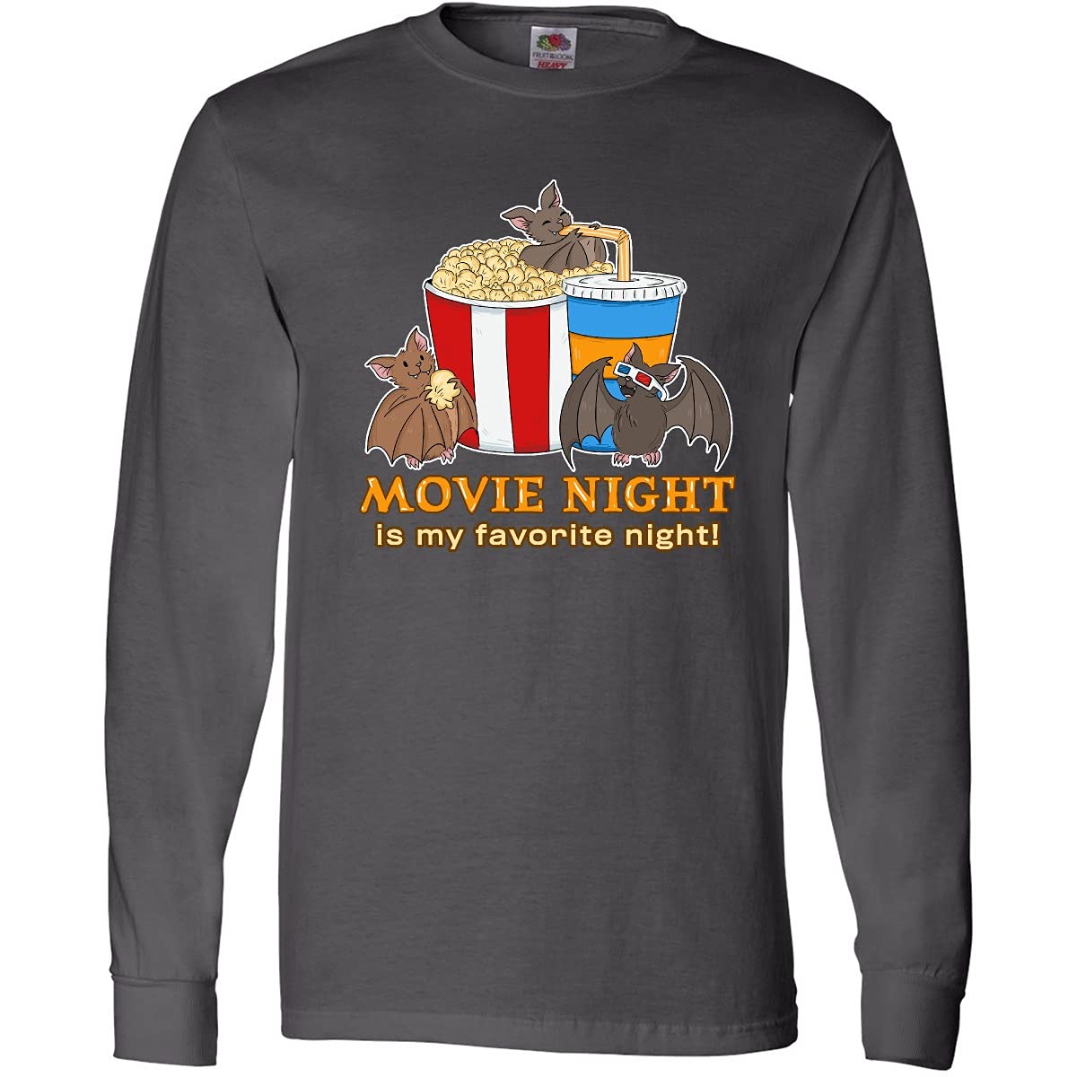Inktastic Movie Night is My Favorite Night Bats with Popcorn Long Sleeve T-Shirt for Women - Cozy Casual Wear for Cinema Nights, Halloween Parties & Bat Lovers