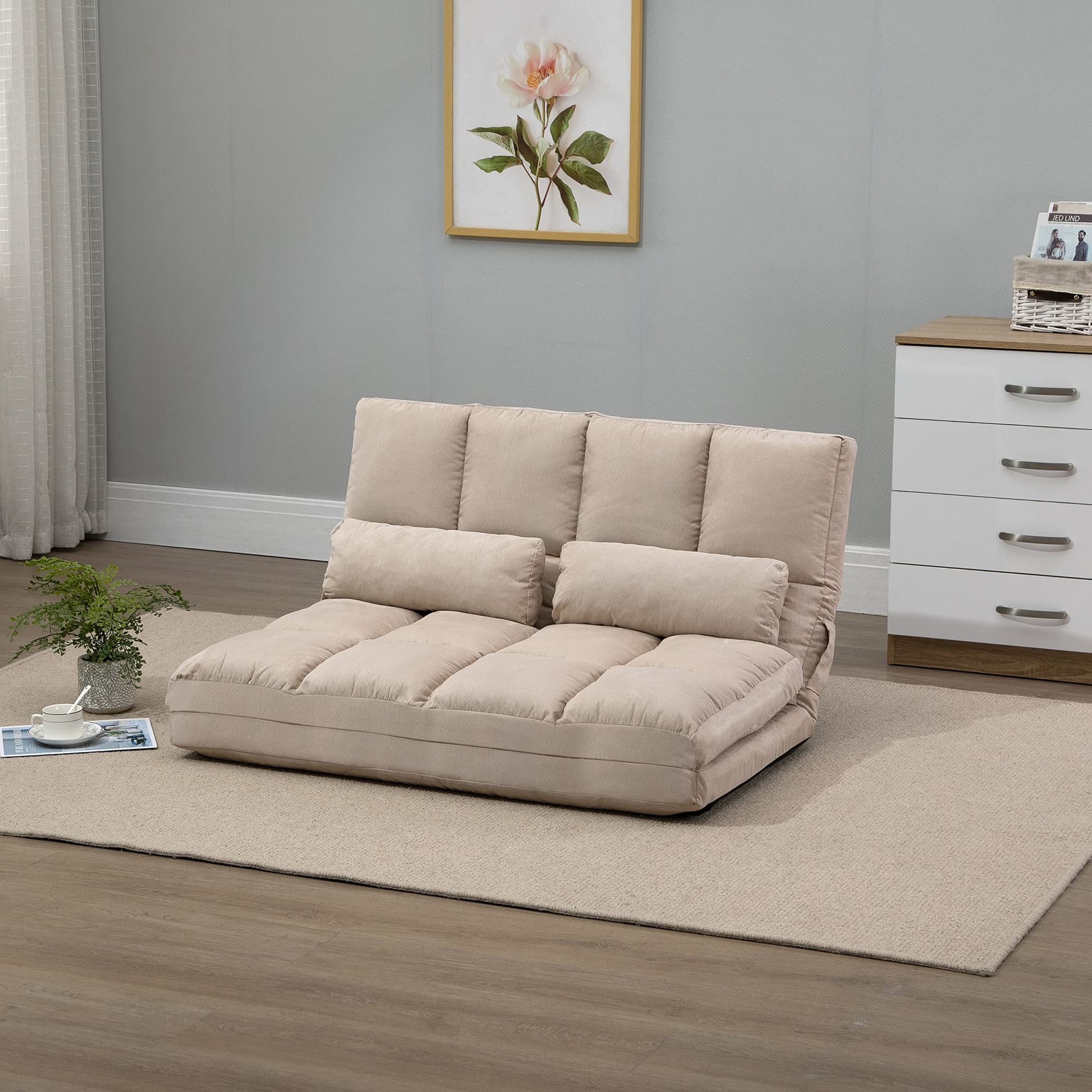 HOMCOM Convertible Floor Sofa Chair - Foldable Couch Bed & Guest Chaise Lounge with 2 Pillows, Adjustable Backrest & Headrest, 40.25