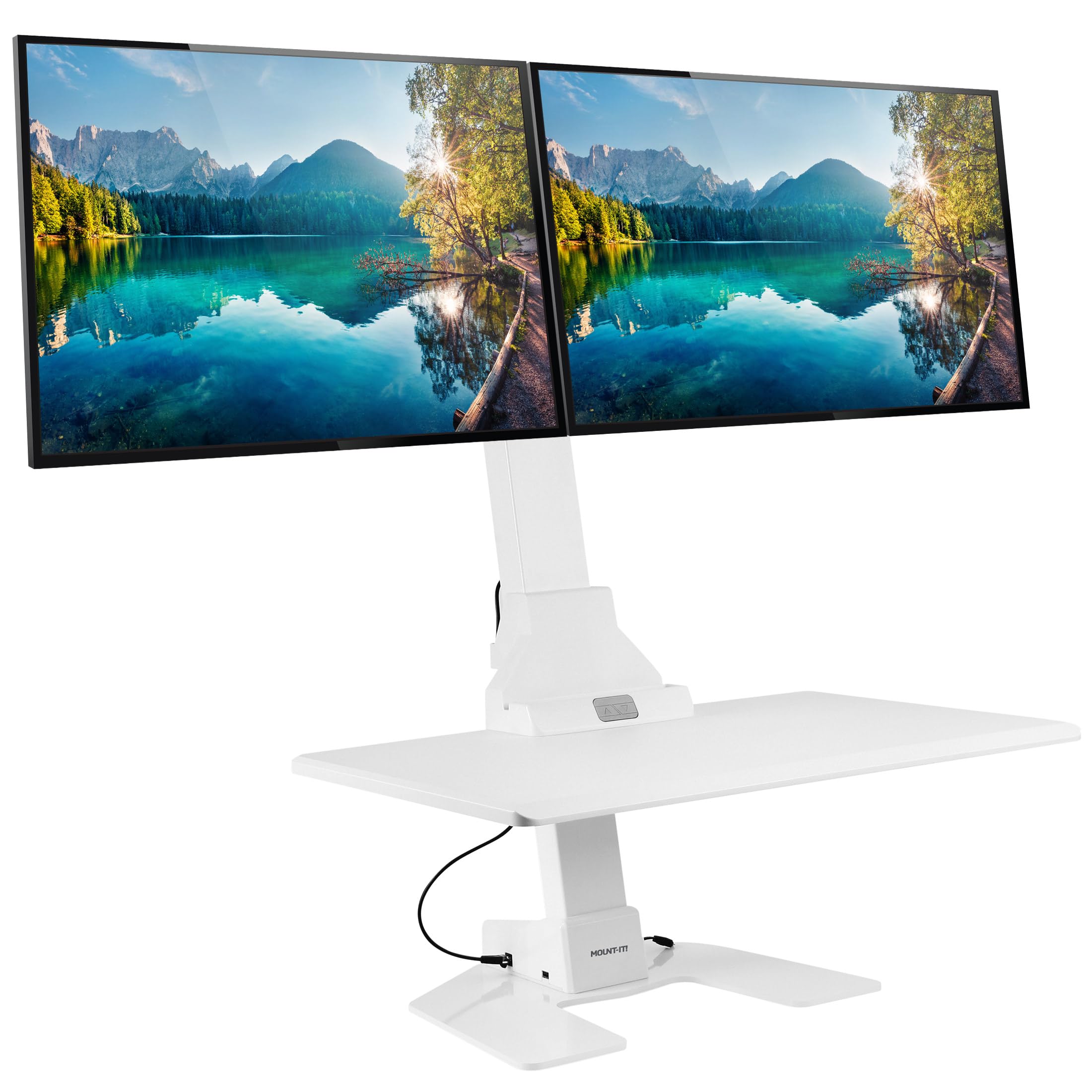 Mount-It! Electric Sit Stand Desk Converter - Motorized Adjustable Height Standing Desk Riser with Dual Monitor Mounts & Tablet Slot - Ergonomic Workstation for Office, Home & Gaming - White