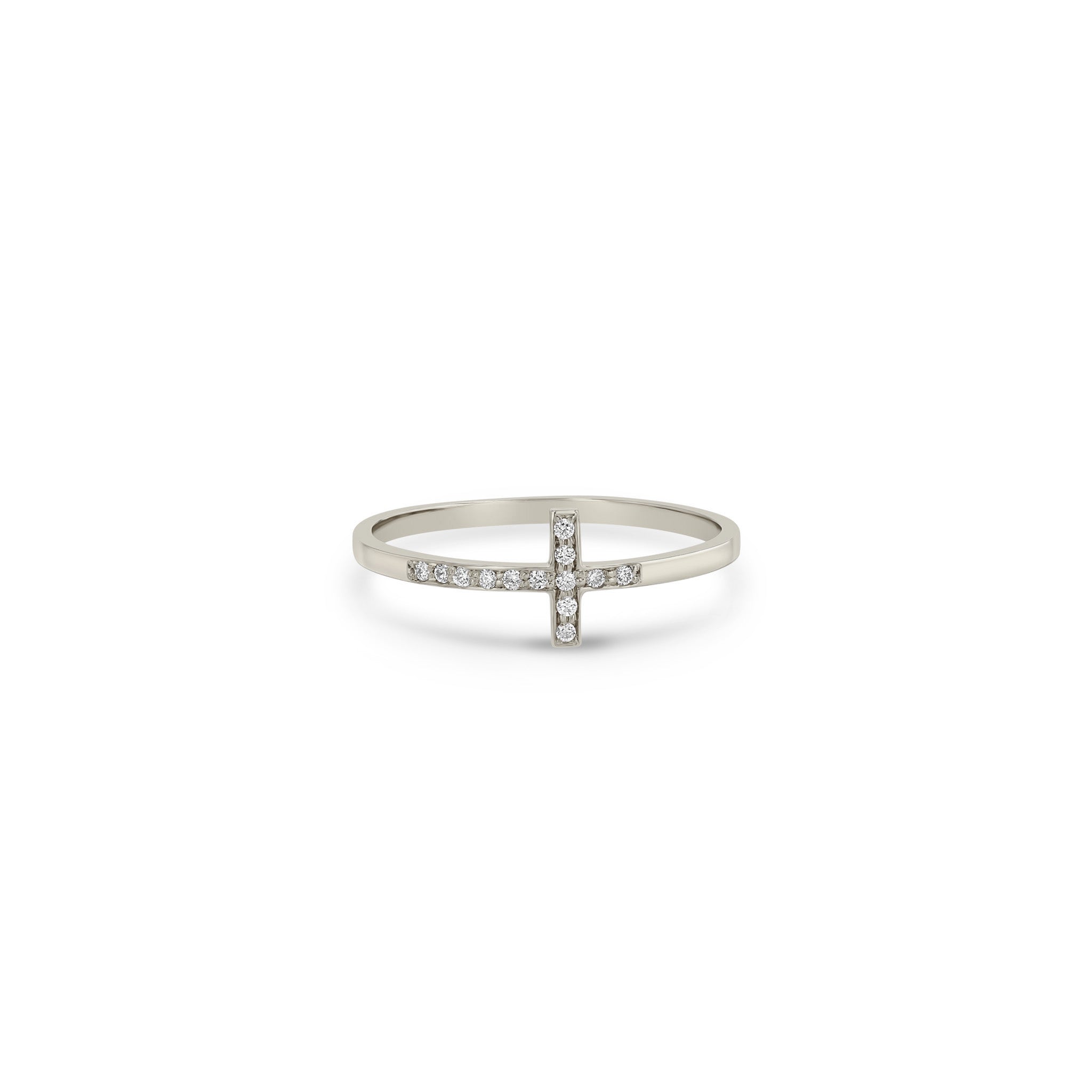 14K Gold Horizontal Pavé Diamond Cross Band Ring for Women - Elegant Religious Jewelry Gift for Christmas, Baptism & Weddings