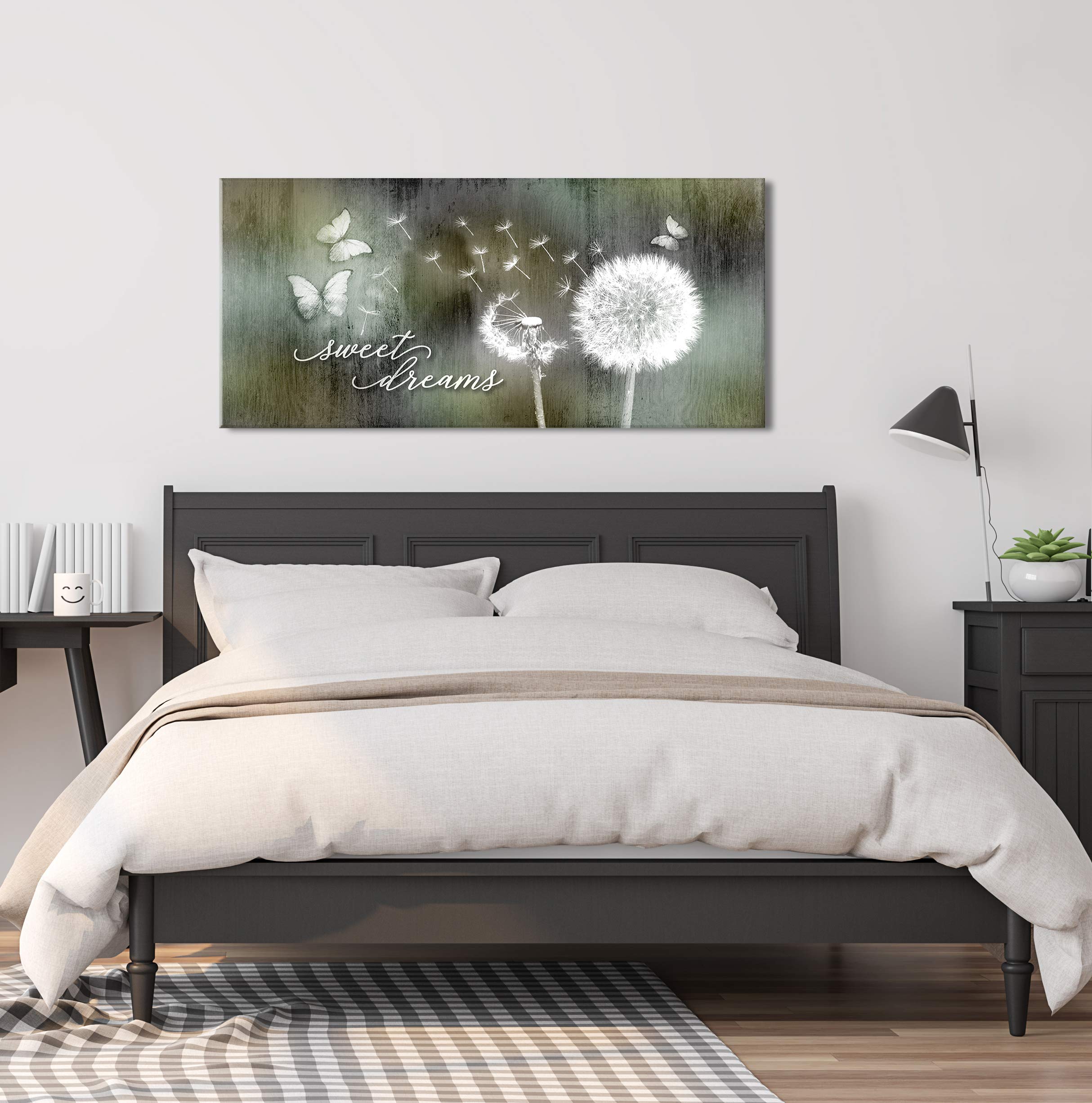 Sweet Dreams Dandelion Wall Art - Large 60x27 Inch Green Brown Canvas Painting for Master Bedroom Decor | Above Bed Wall Hanging | Boho Chic Home Decor | Perfect for Bedroom, Nursery & Living Room