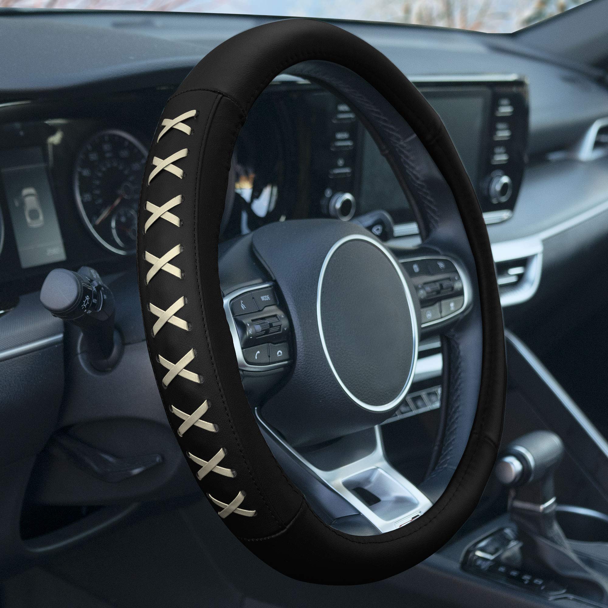 TLH Universal Beige 15 Inch Genuine Leather Steering Wheel Cover with Lace-Up Detailing - Non-Slip Grip & Comfortable Driving for Cars, Trucks & SUVs