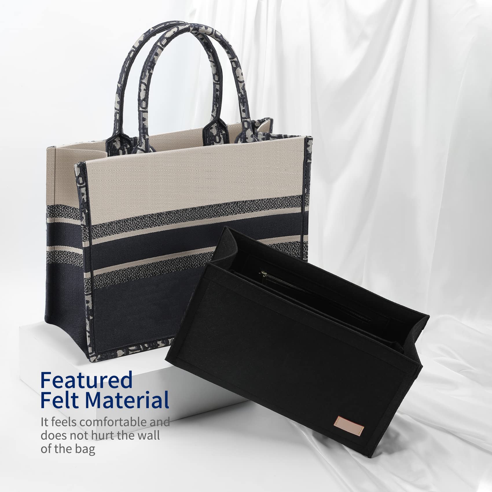 Premium Tote Bag Organizer Insert - Large Size Handbag Inner Storage with Zipper for Book Tote Bags | Felt Liner Compartment Organizer (Black, XL) | Perfect for Travel, Work & Daily Organization